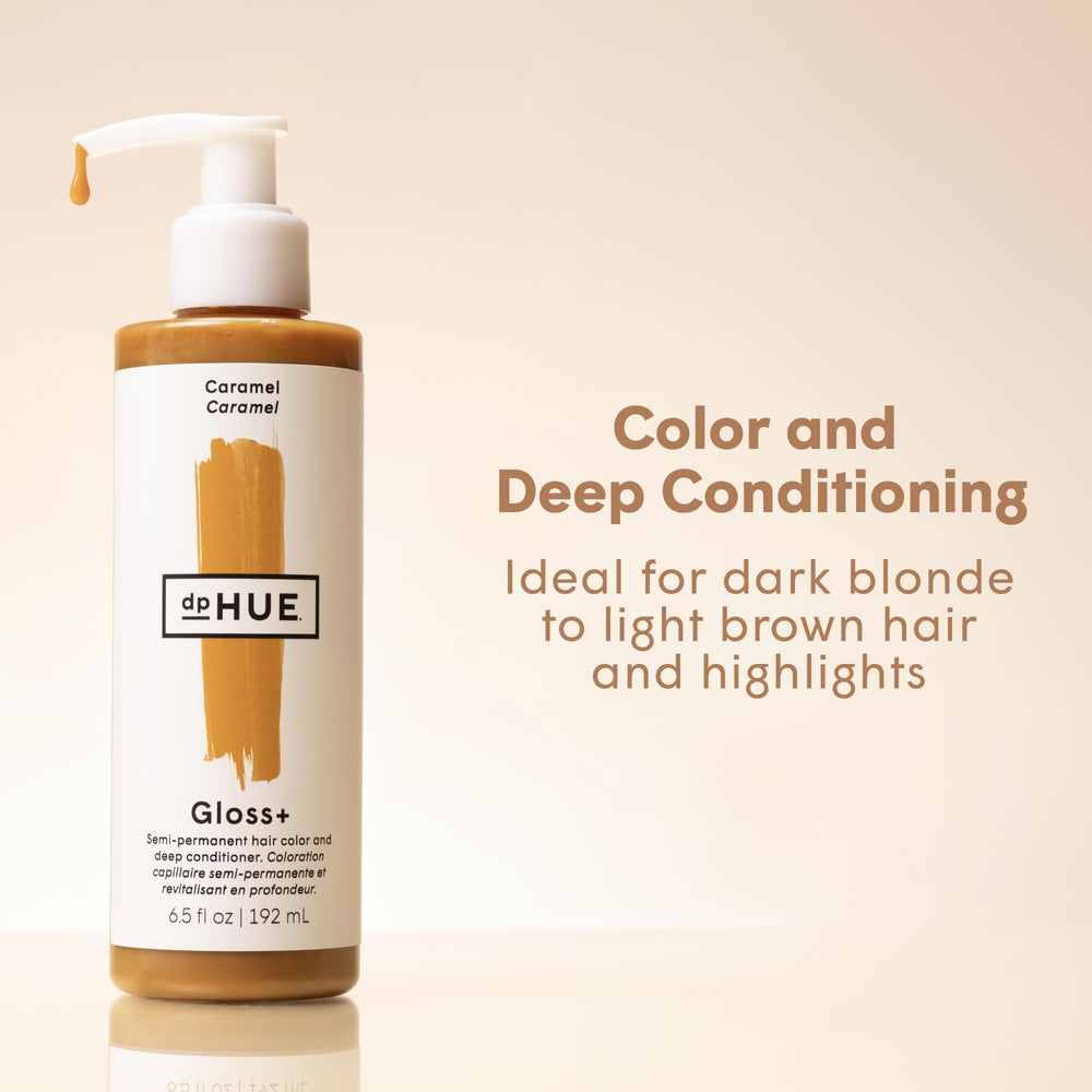 dpHUE Gloss+ Caramel swatches display warm caramel tones for dark blondes.