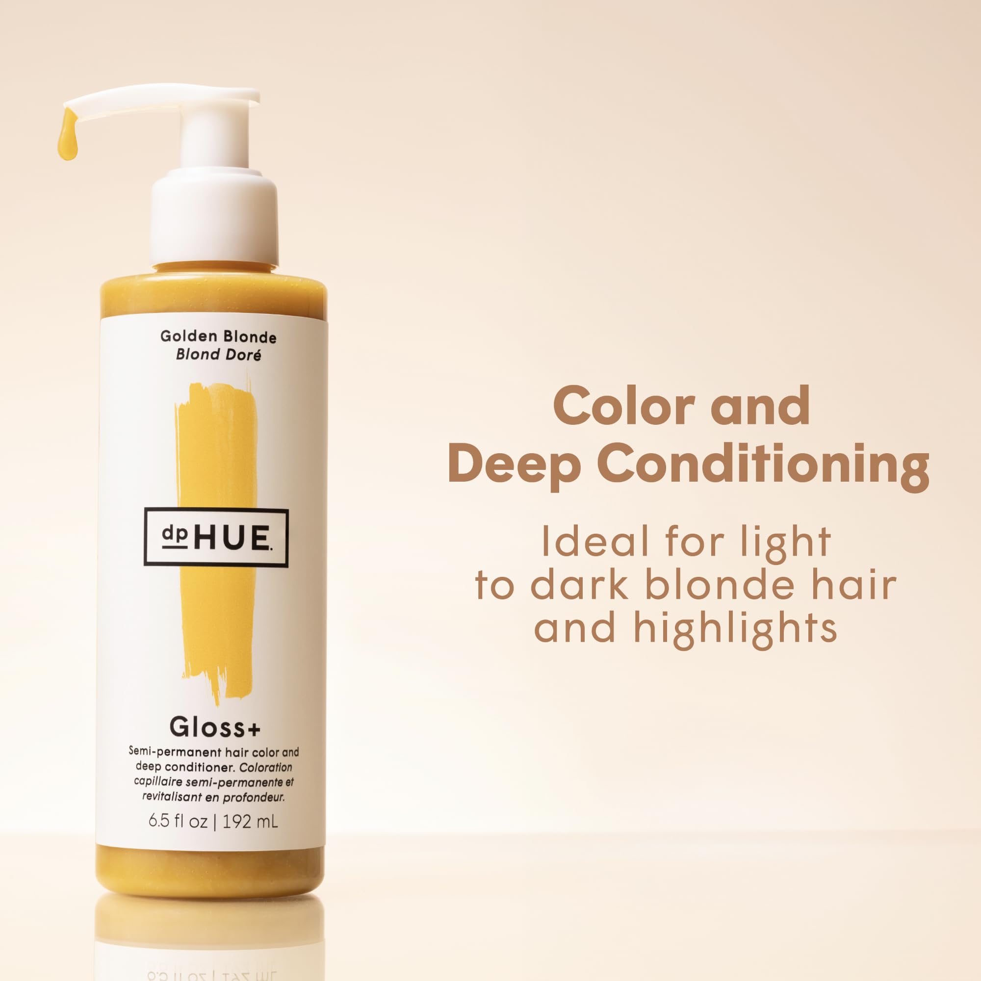 dpHUE Gloss+ Golden Blonde application steps show quick at-home tint and conditioning.