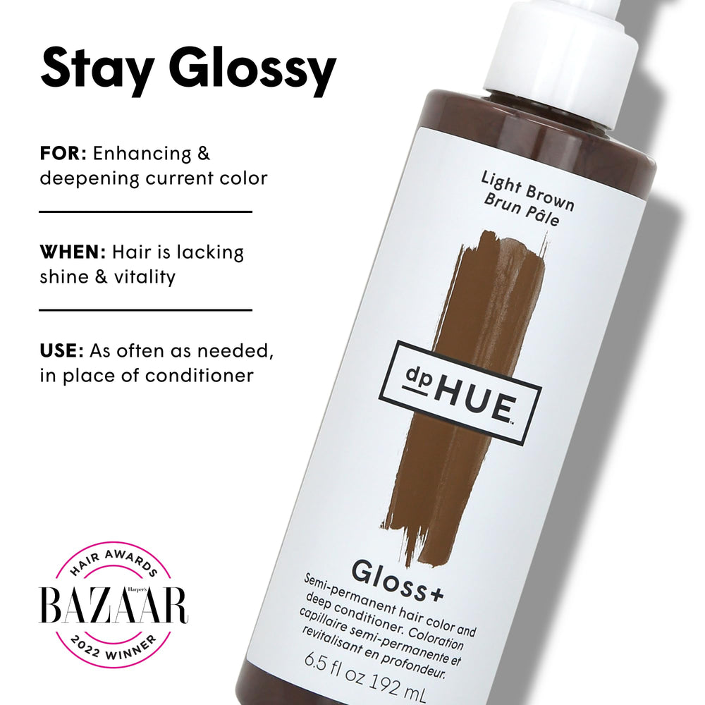 dpHUE Gloss+ Light Brown bottle being poured for quick color refresh between washes