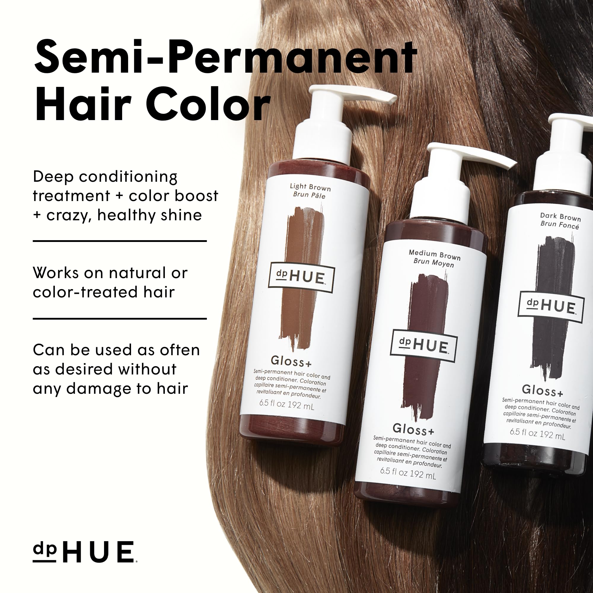 dpHUE Gloss+ Light Brown close-up on hair highlighting moisture-rich tint and softness