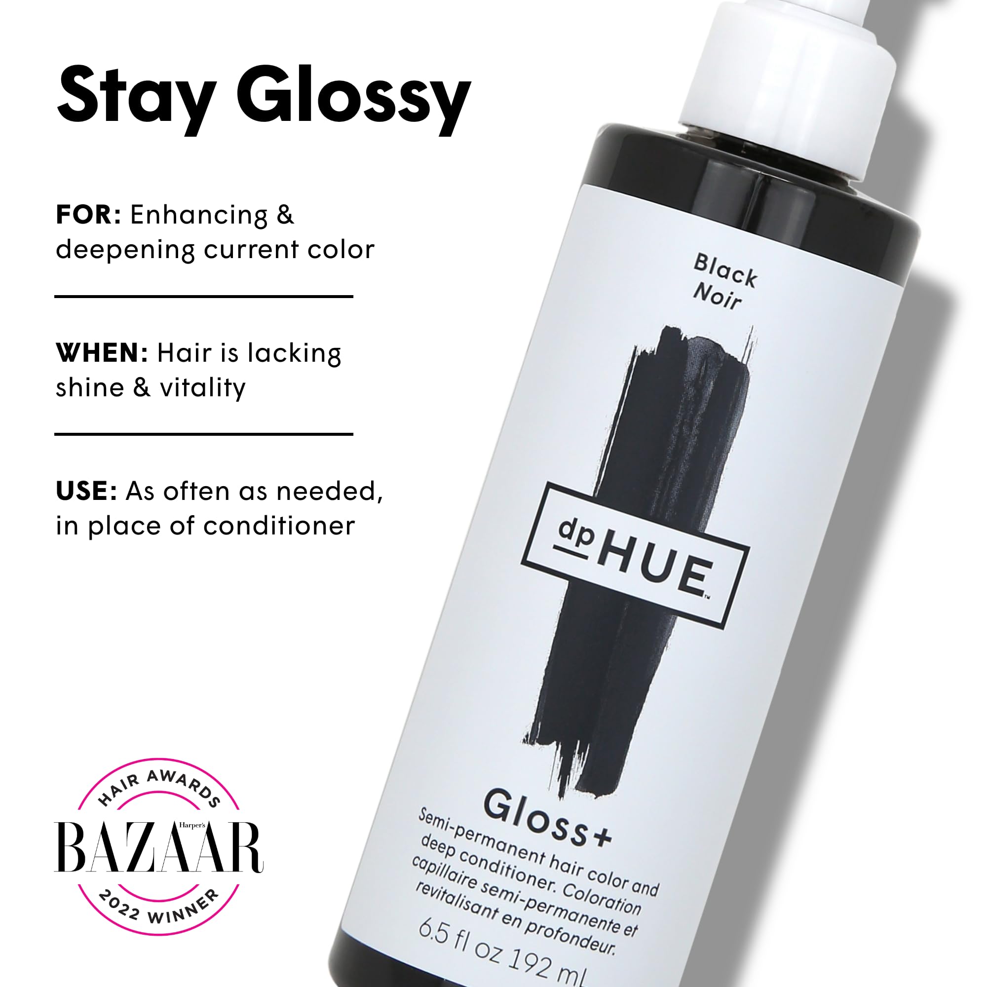 dpHUE Gloss+ Black finished hair with deep natural-black shine.