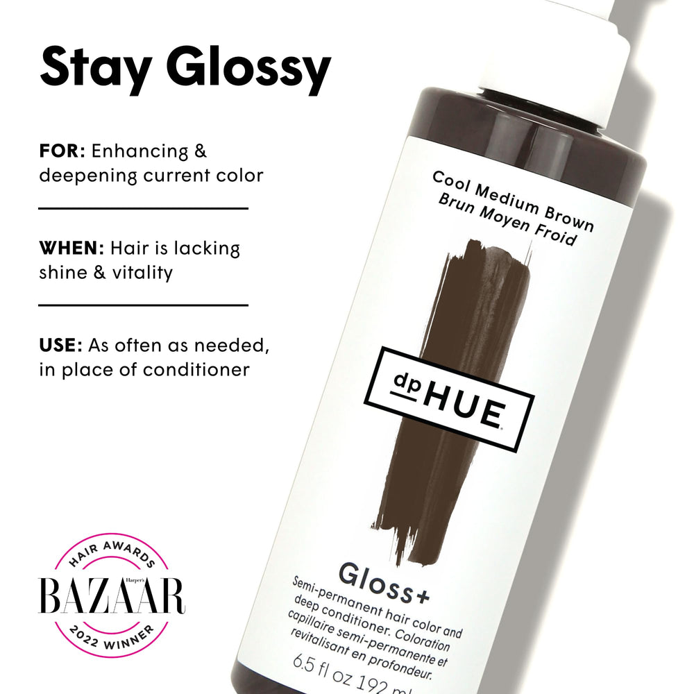 dphue Gloss+ Cool Medium Brown applying to damp hair for easy color boost.