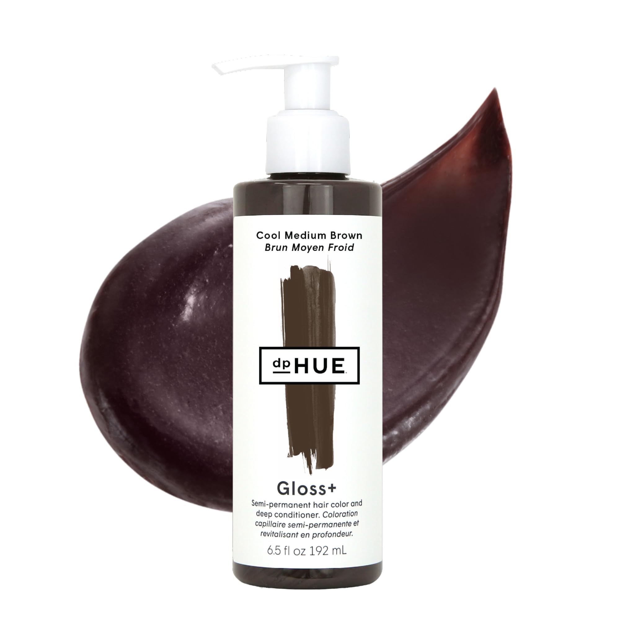 dphue Gloss+ Cool Medium Brown bottle shows rich color and shine for brunettes.