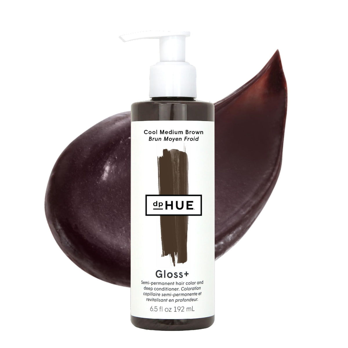 dphue Gloss+ Cool Medium Brown bottle shows rich color and shine for brunettes.