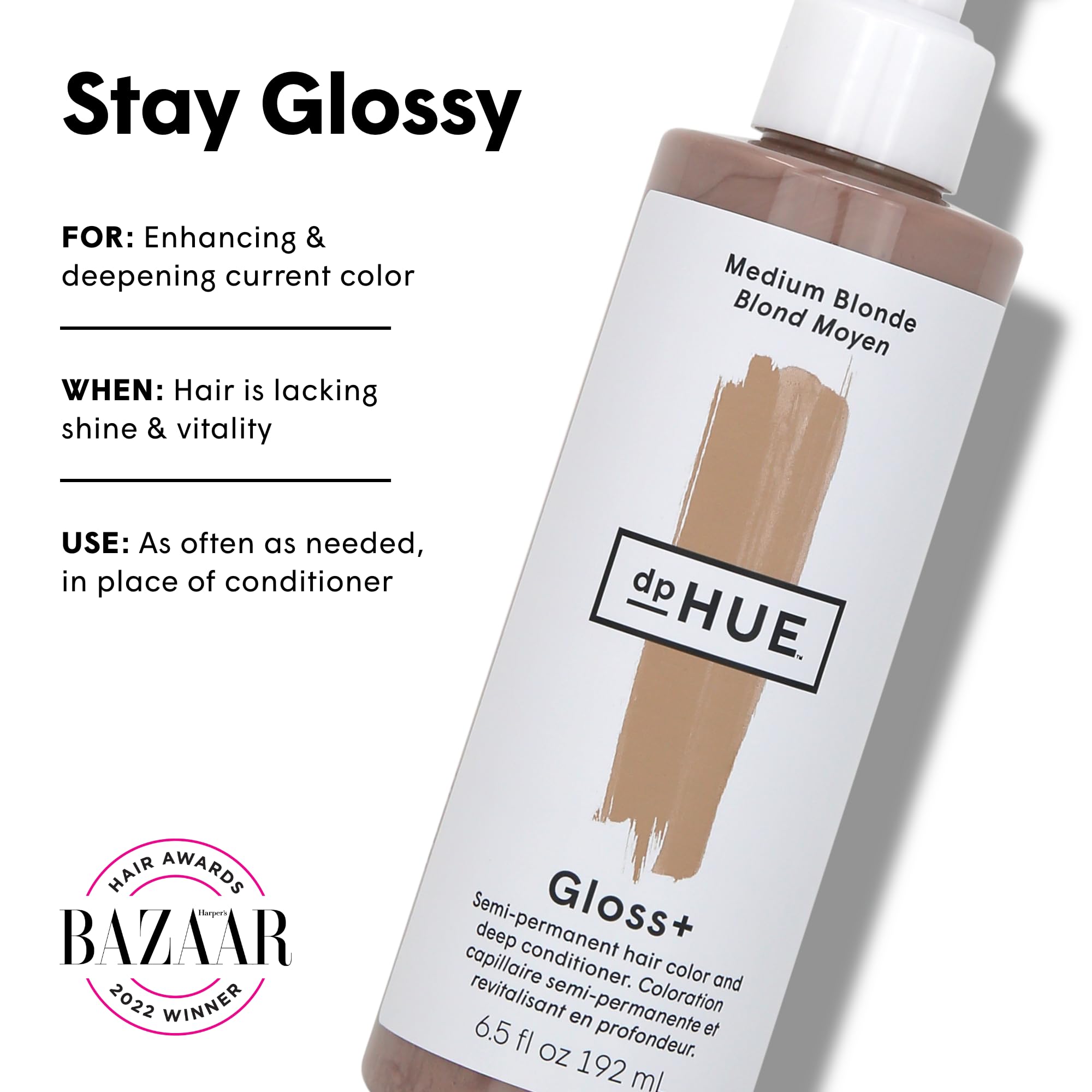 dpHUE Gloss+ Medium Blonde application demonstrates pigment deposit for shine