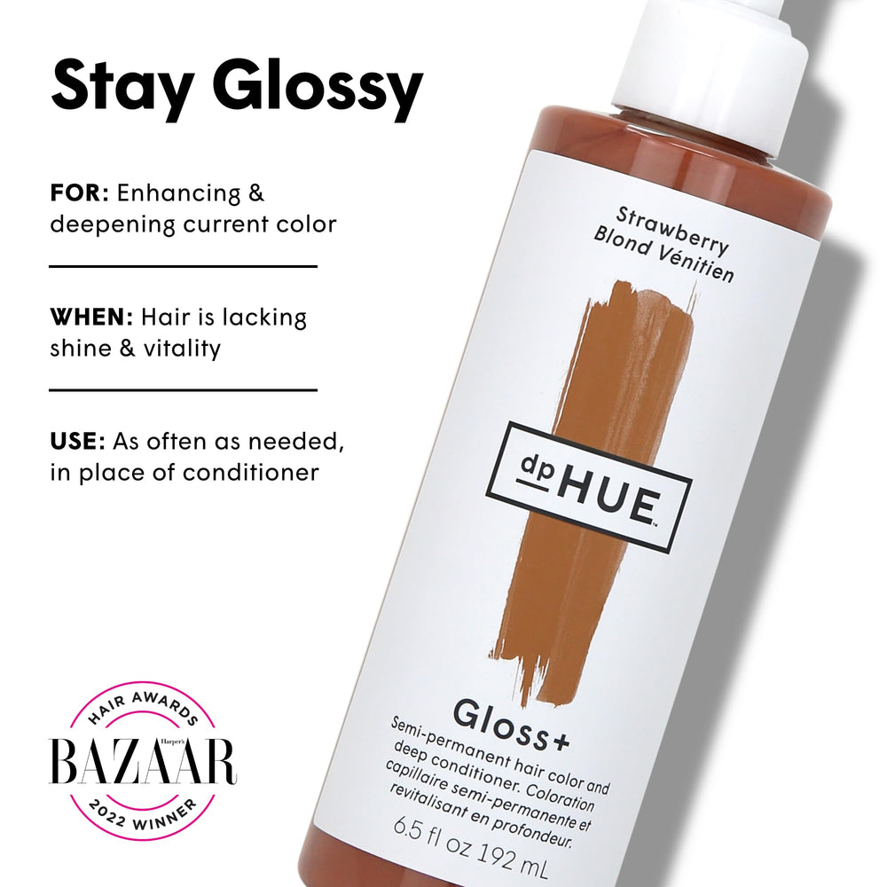 dpHUE Gloss+ Strawberry color swatch shows vibrant red-copper enhancement.