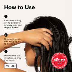 dpHUE Glossy Glaze being smoothed through mid-lengths for even coverage and frizz reduction.