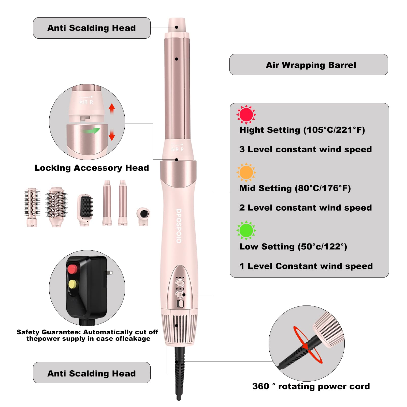 DPOSPOIO 6-in-1 air warp attachments enable versatile drying, straightening, and curling