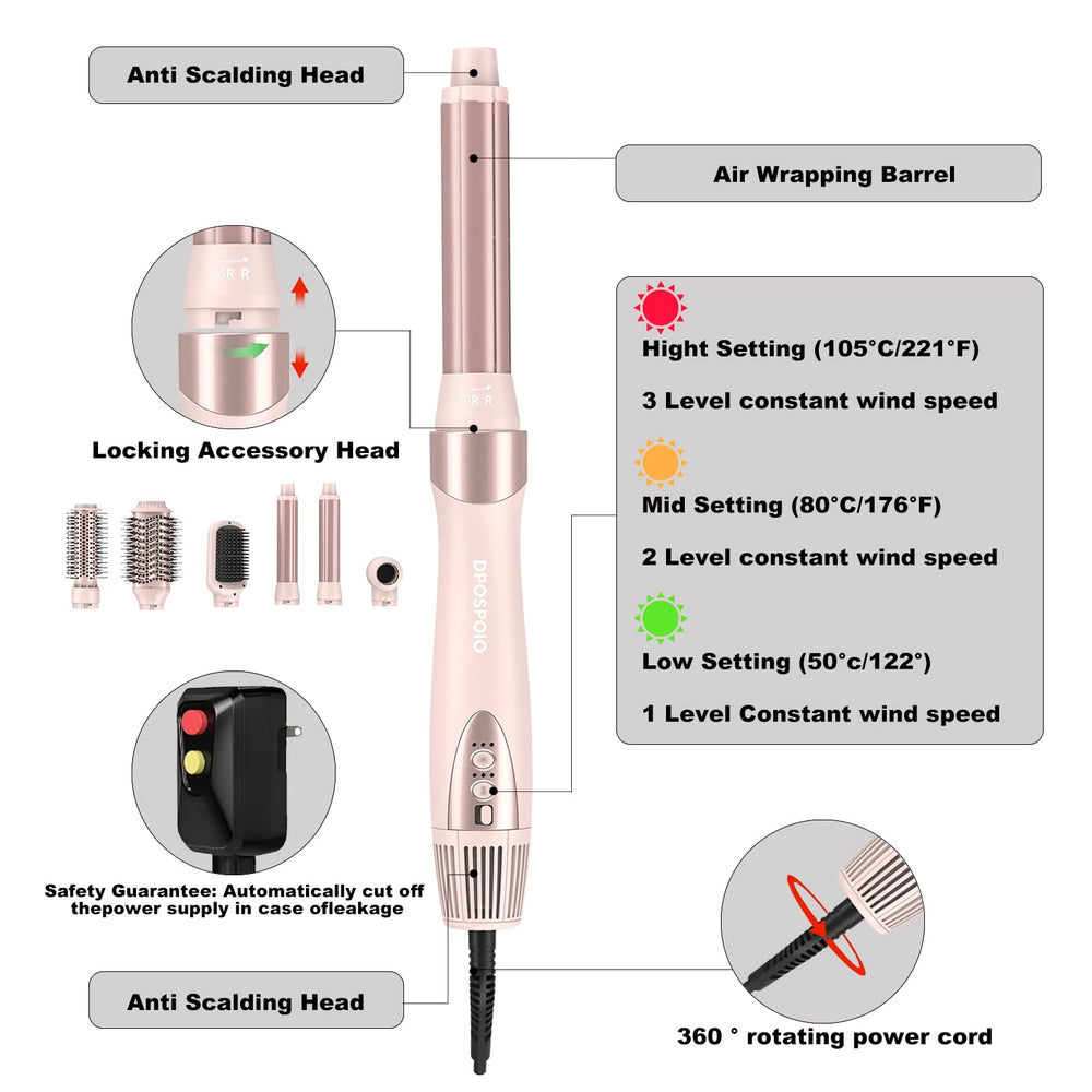 DPOSPOIO 6-in-1 air warp attachments enable versatile drying, straightening, and curling