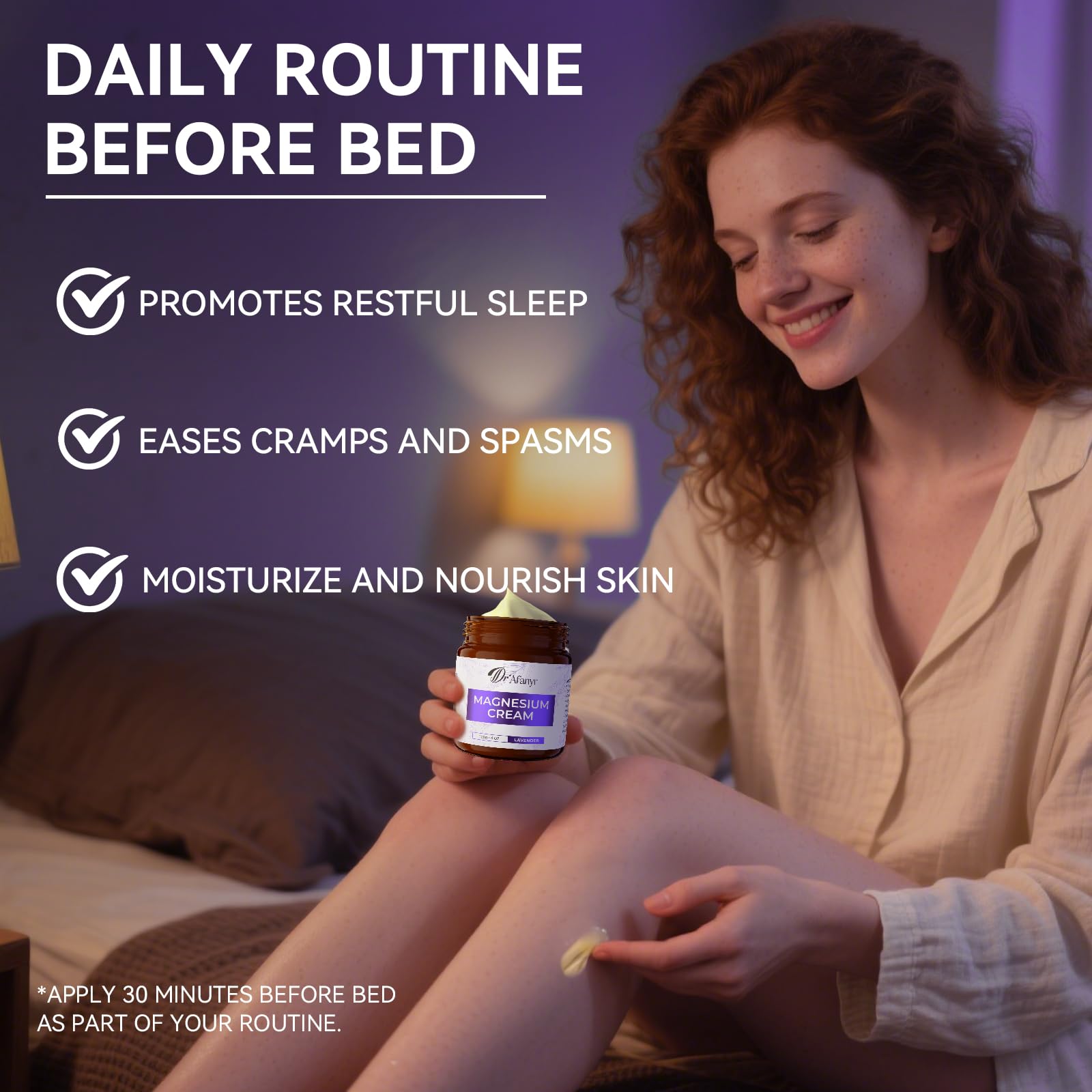 DR.Afanyr Magnesium Lotion lavender flowers hint at spa-like calm and mood support.