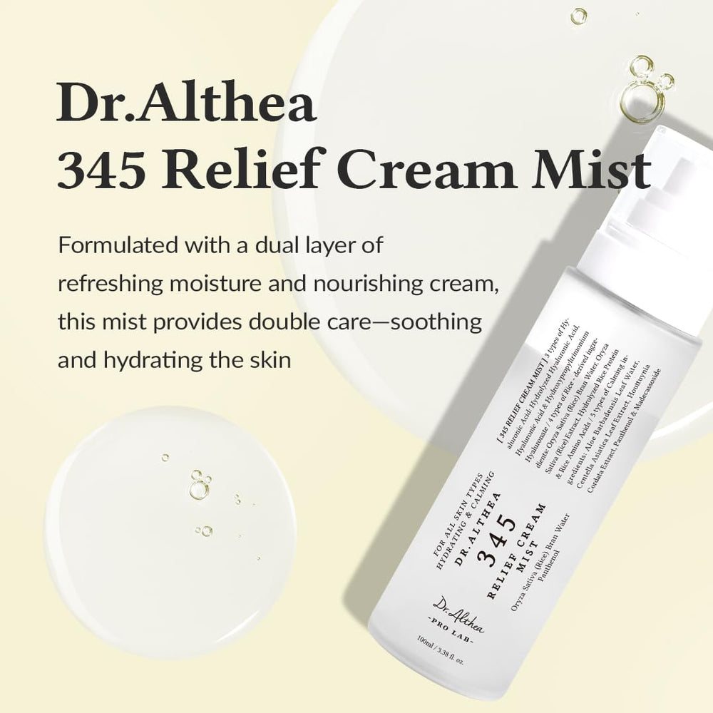 Dr.Althea 345 Relief Cream Mist bottle closeup highlighting soothing lightweight hydration.