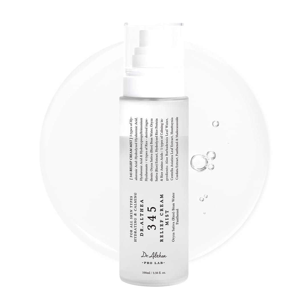 Dr.Althea 345 Relief Cream Mist bottle pouring ultra-fine mist for fast hydration.