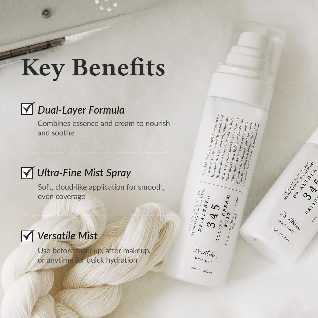 Dr.Althea 345 Relief Cream Mist dual-layer closeup shows balanced nourishment and hydration.