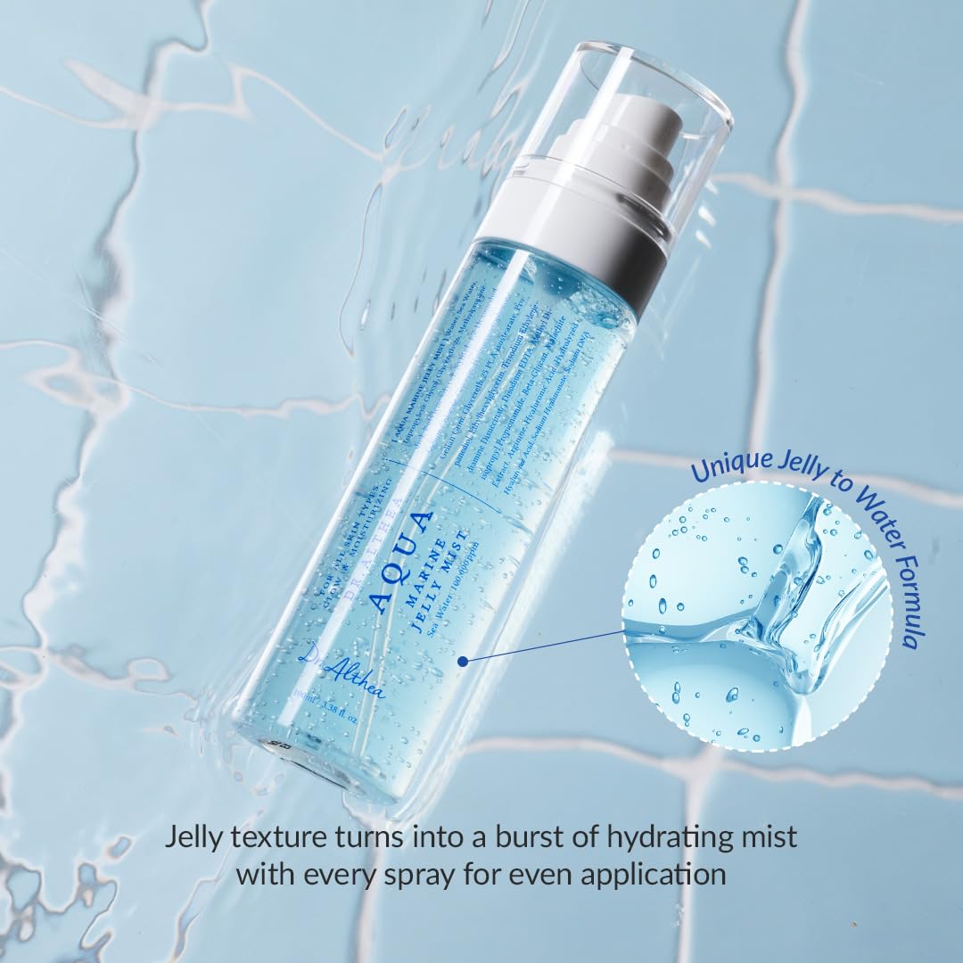 Dr.Althea Aqua Marine Jelly Mist triple hyaluronic acid view hints at moisture.