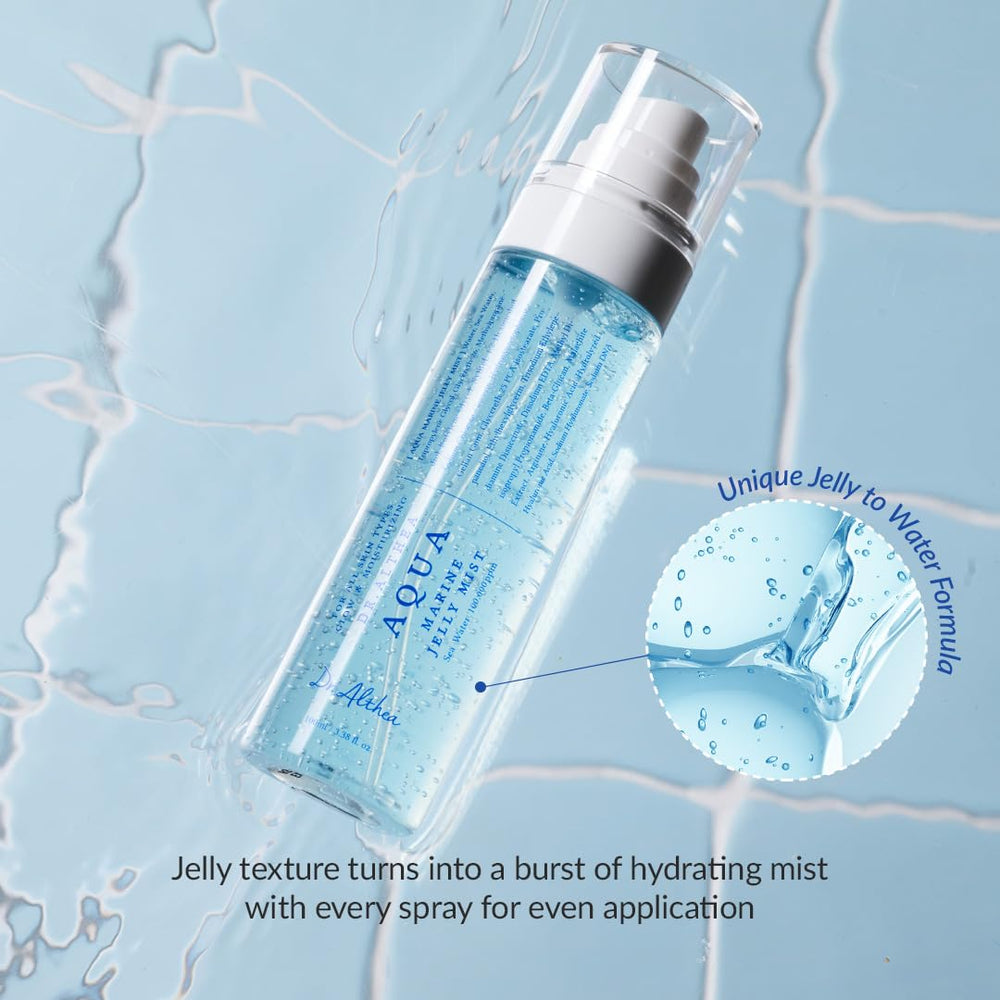 Dr.Althea Aqua Marine Jelly Mist triple hyaluronic acid view hints at moisture.