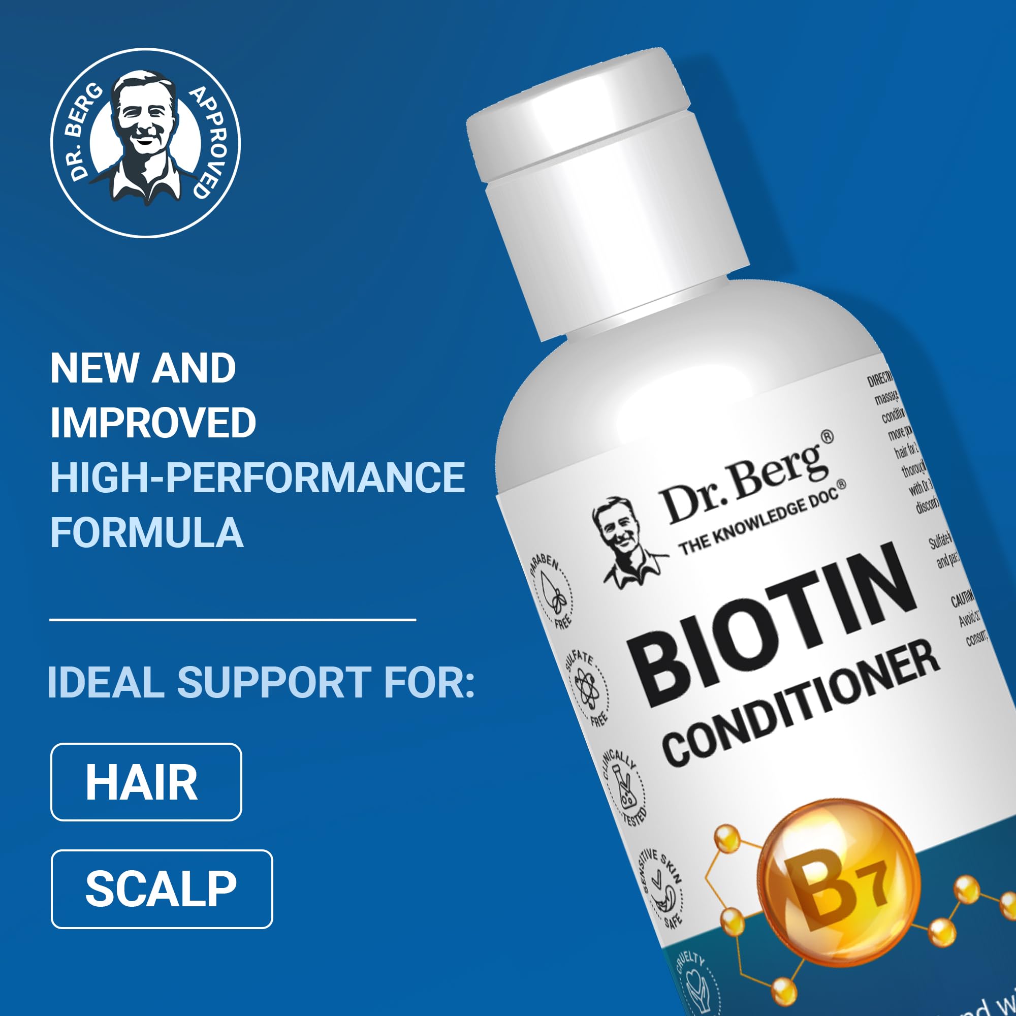 Dr. Berg Biotin Conditioner bottle back label highlights free-from parabens sulfates silicones