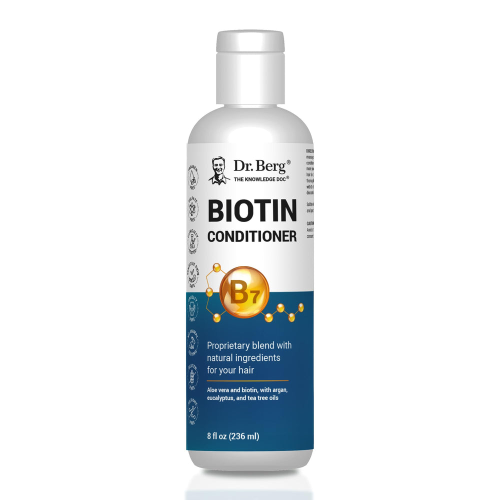 Dr. Berg Biotin Conditioner bottle front shows the improved formula for fuller hair