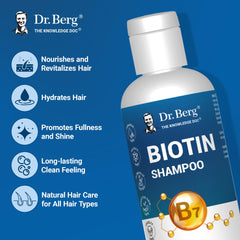 Dr. Berg Biotin Shampoo argan oil drop emphasizes nourishing shine and smoother strands.