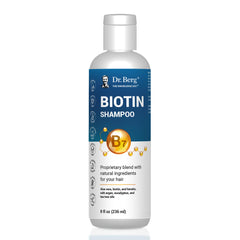 Dr. Berg Biotin Shampoo bottle pour demonstrates easy daily application for refreshed hair.