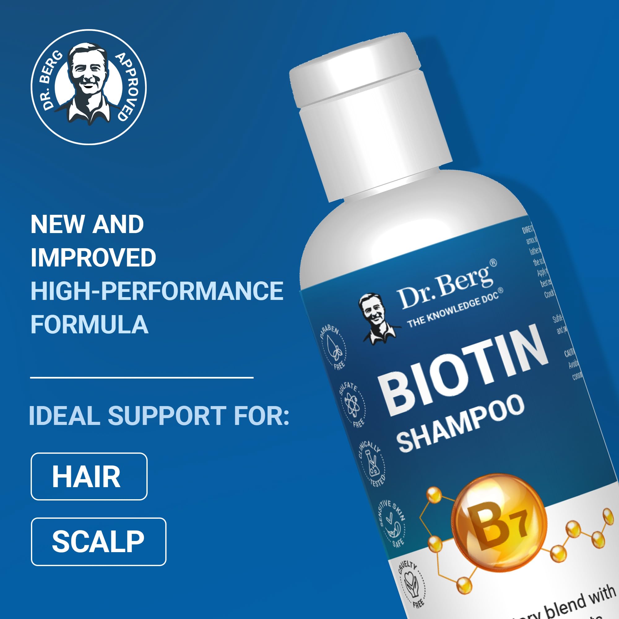 Dr. Berg Biotin Shampoo front label highlights paraben- and sulfate-free formula for healthier scalp.