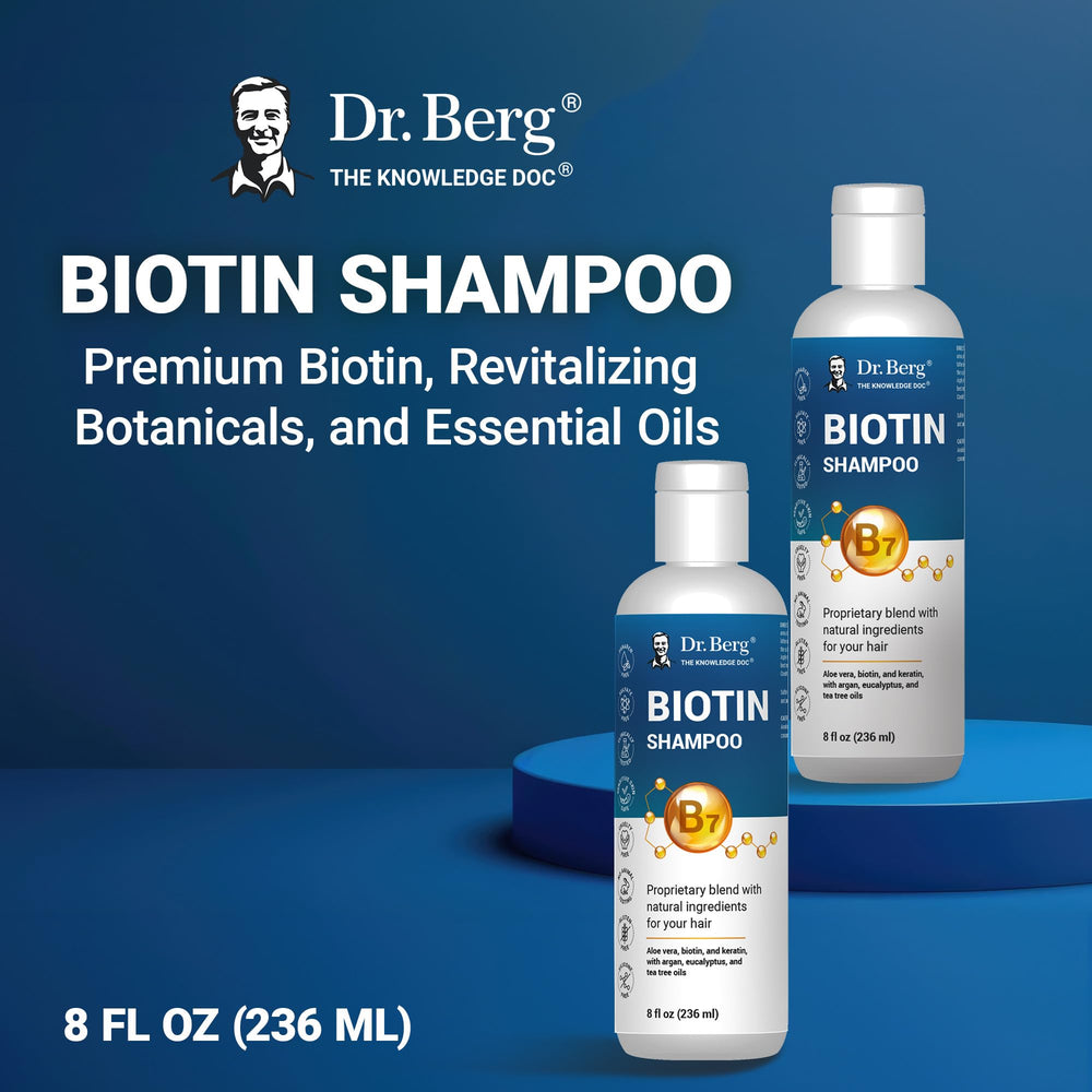 Dr. Berg Biotin Shampoo tea tree mint splash conveys cooling scalp refreshment.