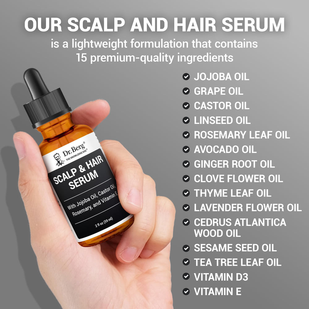 Dr. Berg Scalp & Hair Serum on bathroom counter ready for routine.
