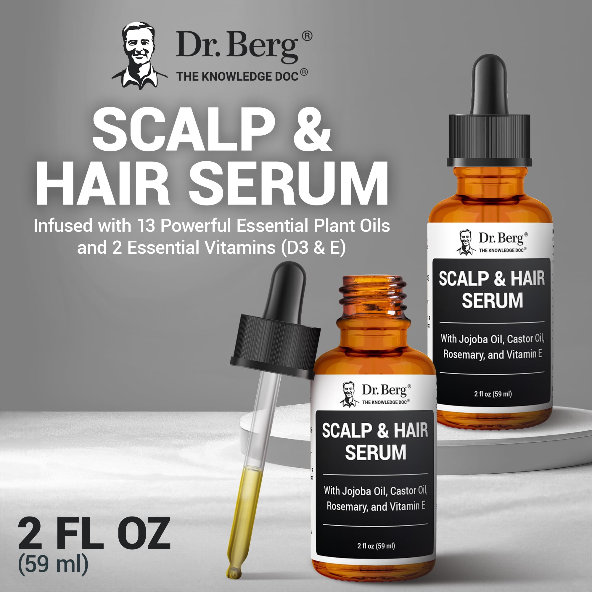 Dr. Berg Scalp & Hair Serum on hair strands delivering shine and smoothness.