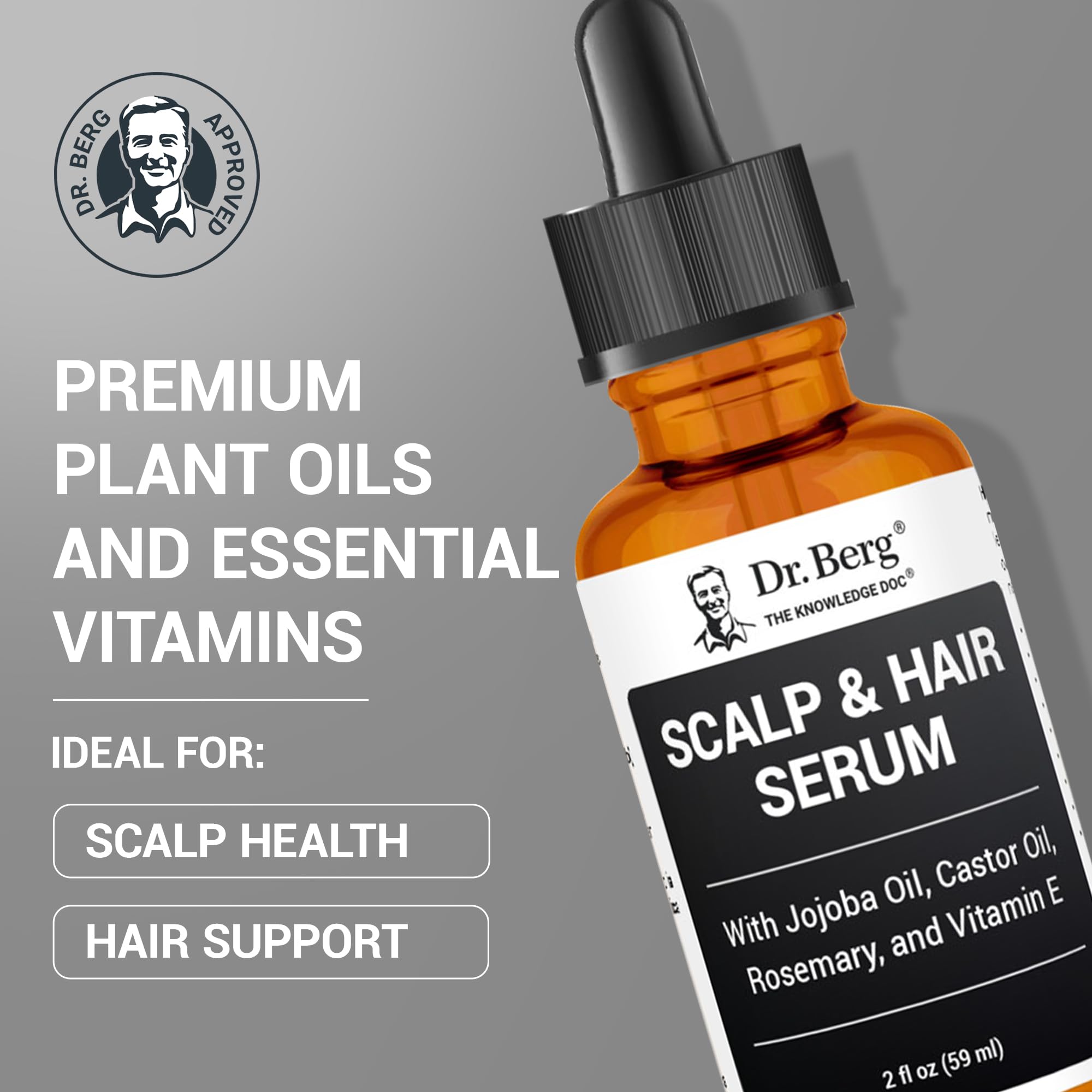 Dr. Berg Scalp & Hair Serum ingredients close-up showing 13 plant oils and vitamins.