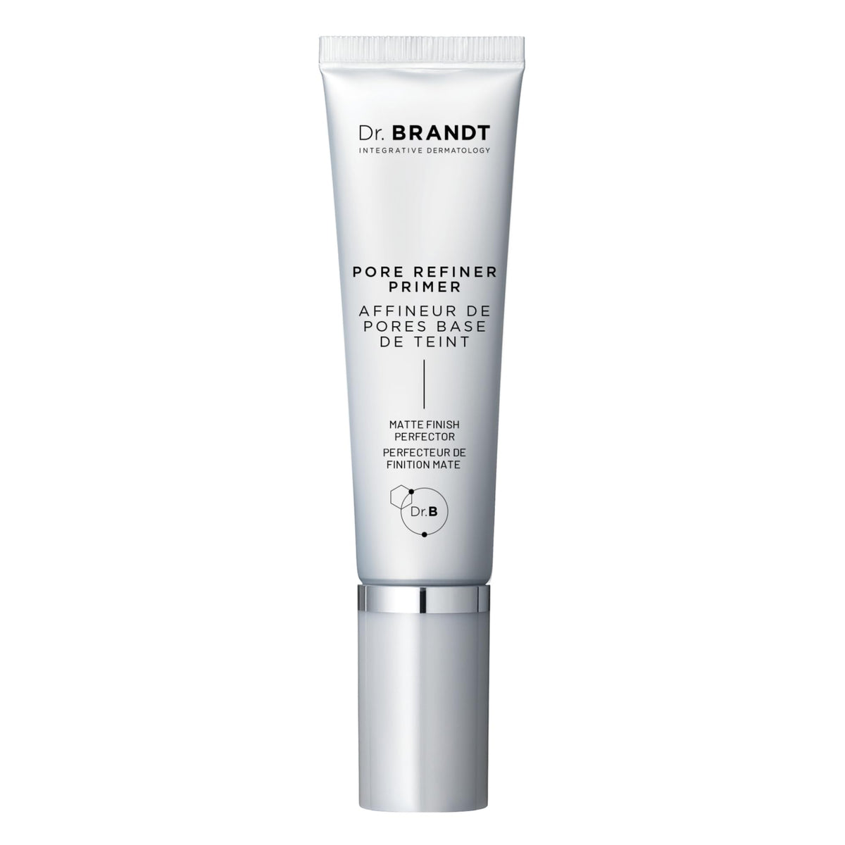Dr. Brandt Pores No More primer bottle close-up showing pore-refining formula