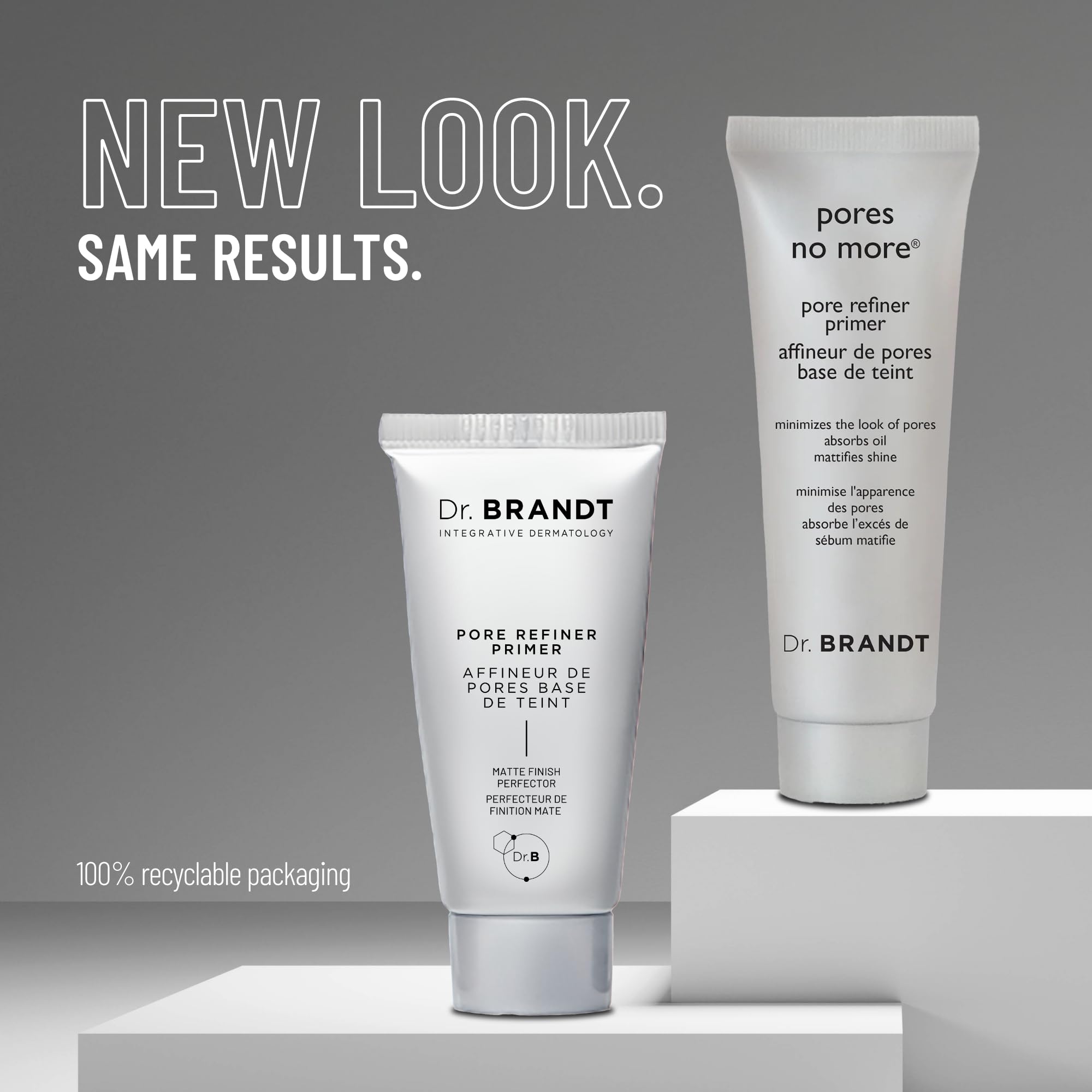 Dr Brandt Pores No More primer tube close-up highlighting lightweight, oil-control formula.