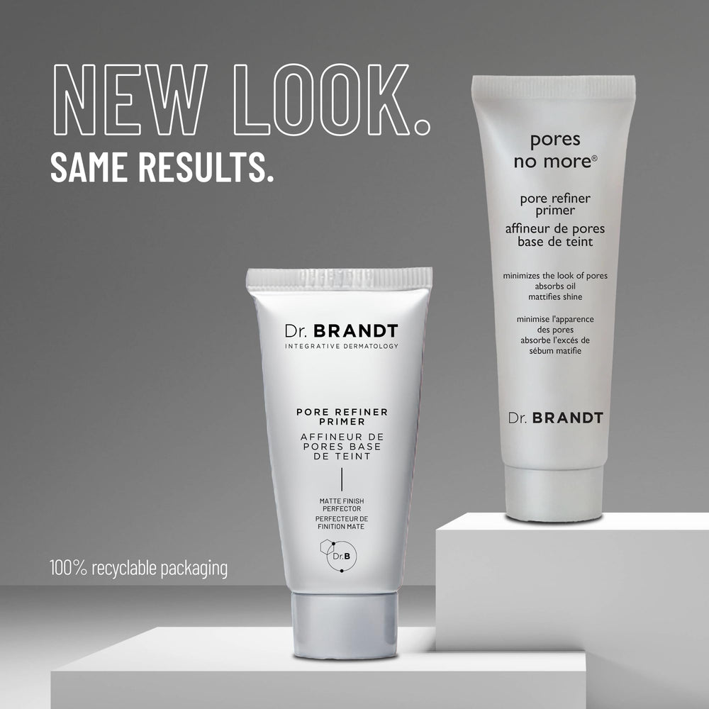 Dr Brandt Pores No More primer tube close-up highlighting lightweight, oil-control formula.