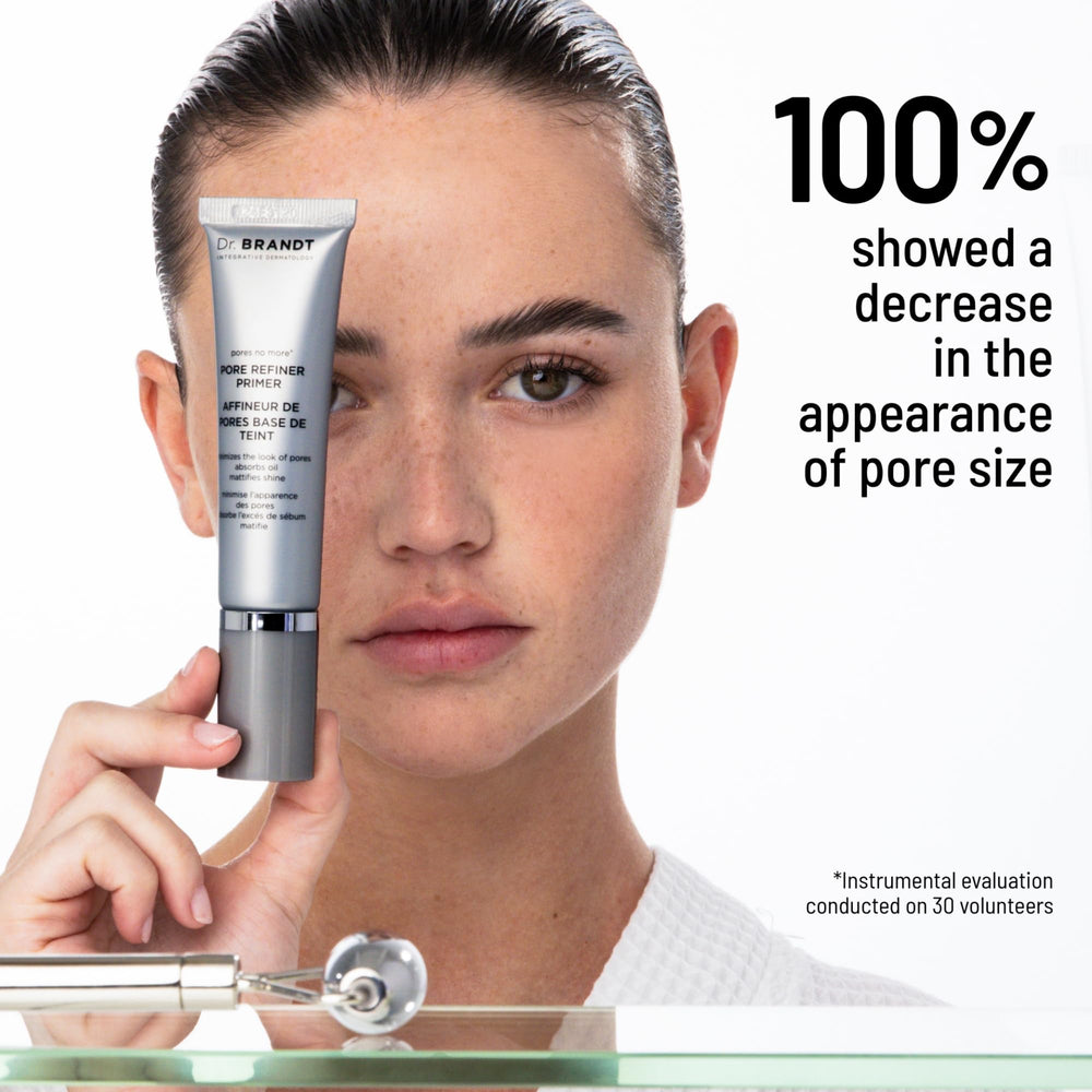 Dr Brandt Pores No More makeup-ready face close-up shows versatile use under makeup.