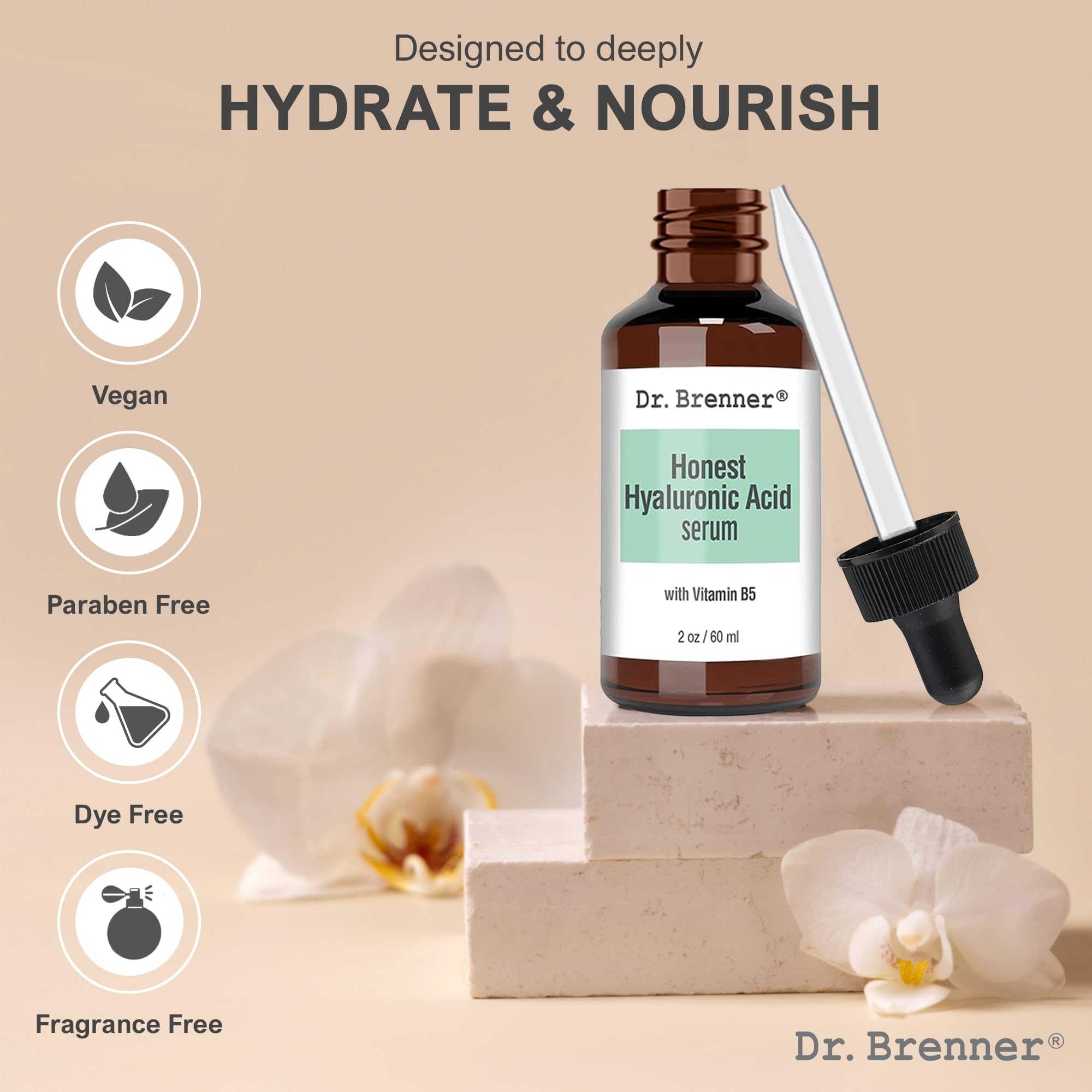Dr. Brenner Hyaluronic Serum bottle open revealing glow-ready skin