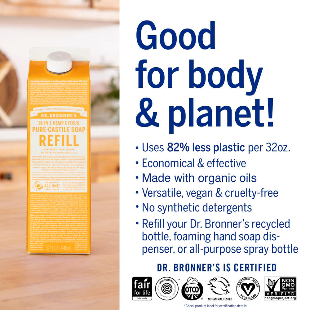 Dr. Bronner's 18-in-1 uses poster showing versatile tasks.