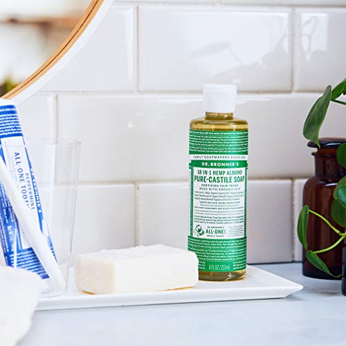 Dr. Bronner's Pure-Castile Almond wash hands for skin-friendly cleansing.