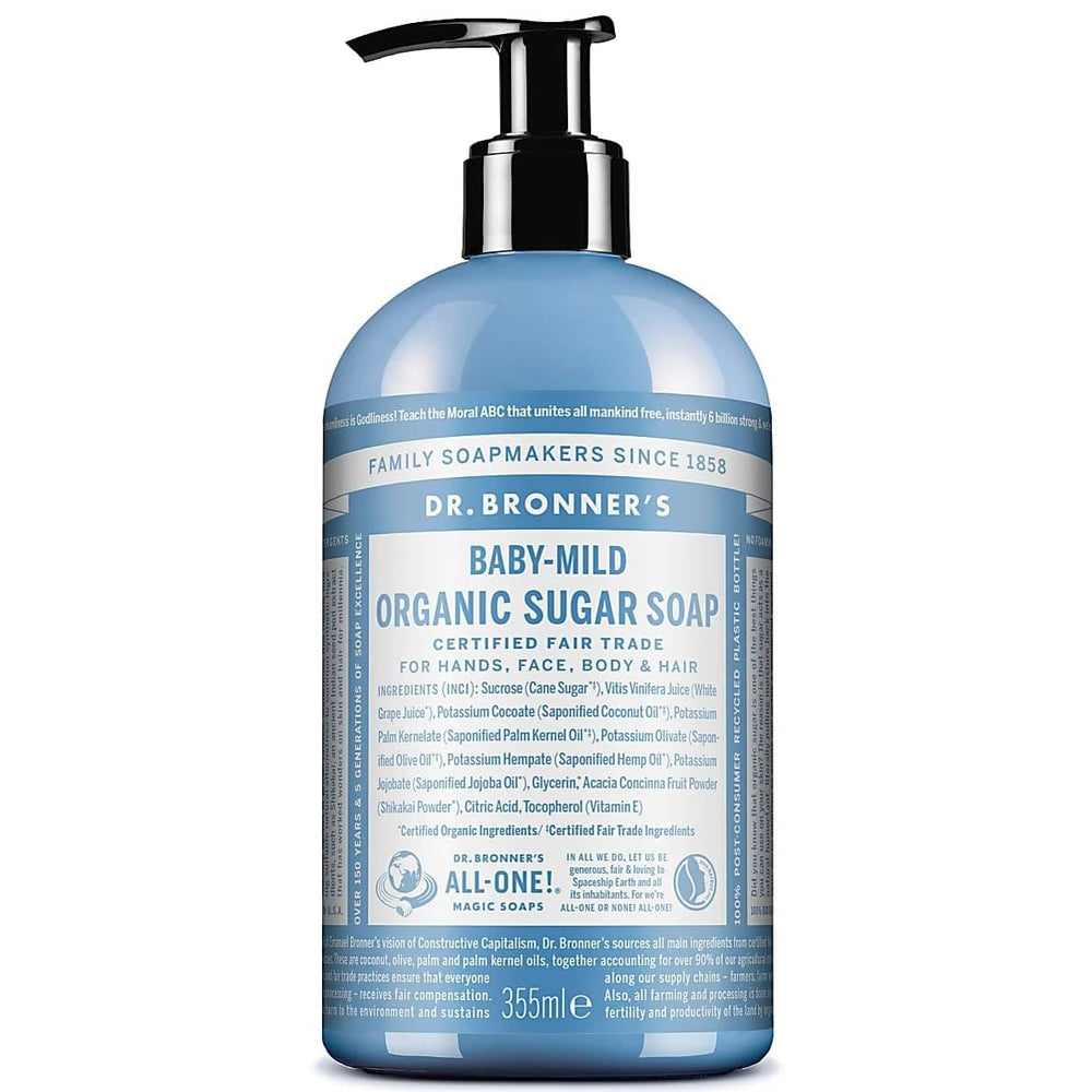 Dr. Bronner's Baby Mild organic sugar soap bottle releases creamy foam for gentle cleansing.