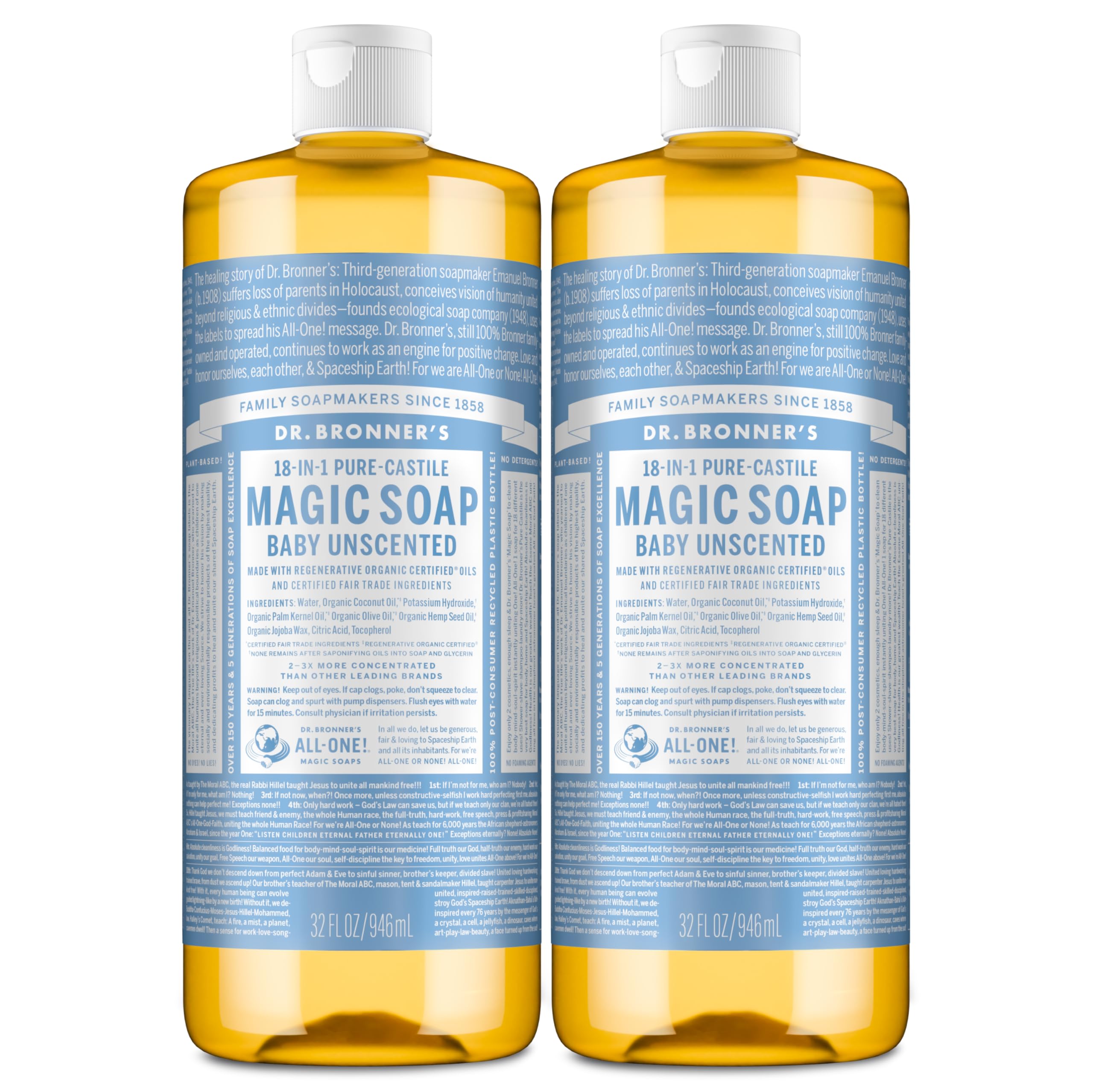 Dr. Bronner's Baby Unscented Pure-Castile soap pours, highlighting easy dilution for versatile, gentle cleaning.