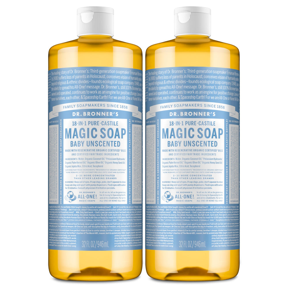 Dr. Bronner's Baby Unscented Pure-Castile soap pours, highlighting easy dilution for versatile, gentle cleaning.