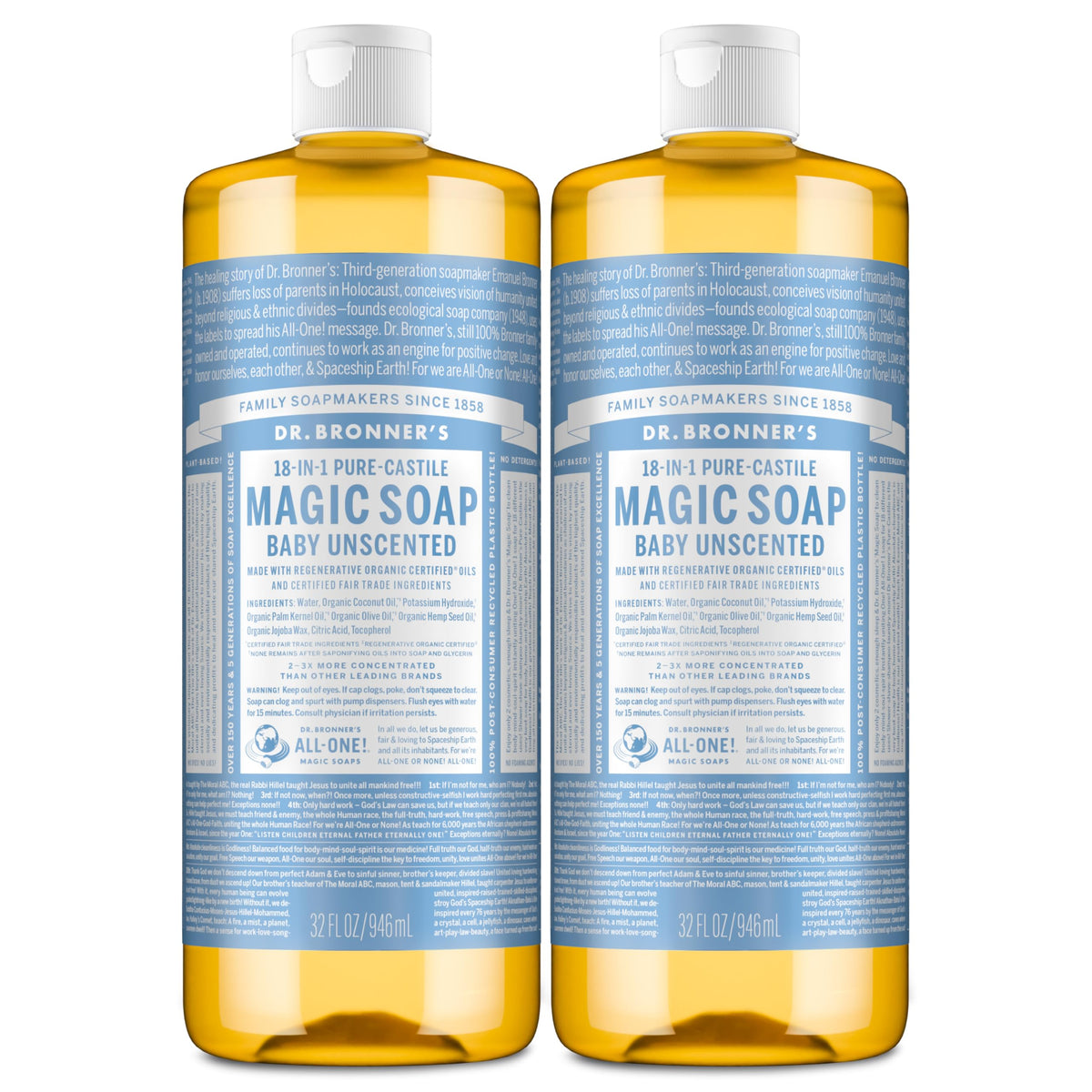 Dr. Bronner's Baby Unscented Pure-Castile soap pours, highlighting easy dilution for versatile, gentle cleaning.