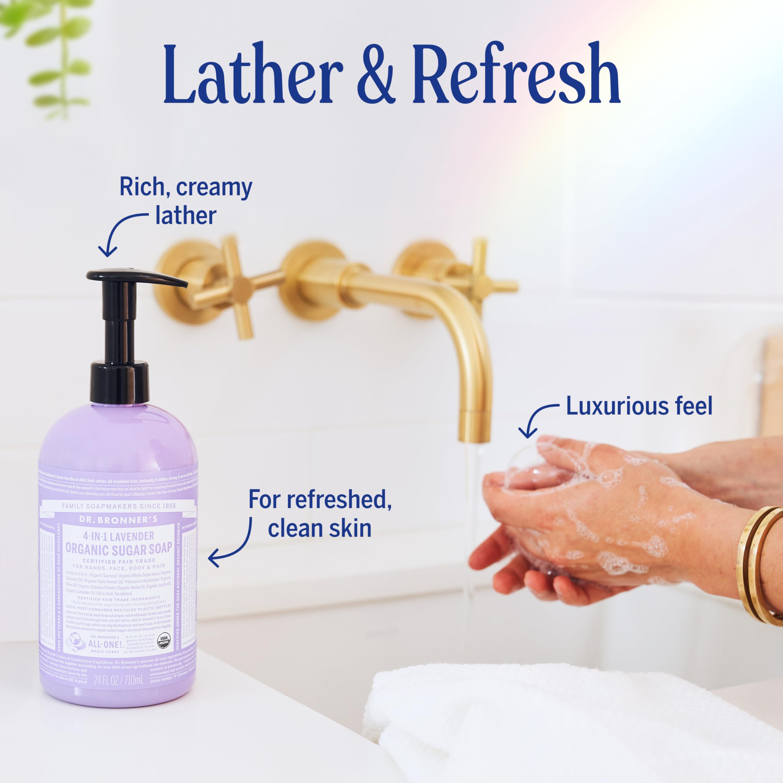 Dr. Bronner's bathroom shelf display with soaps suggests spa-like routine at home.