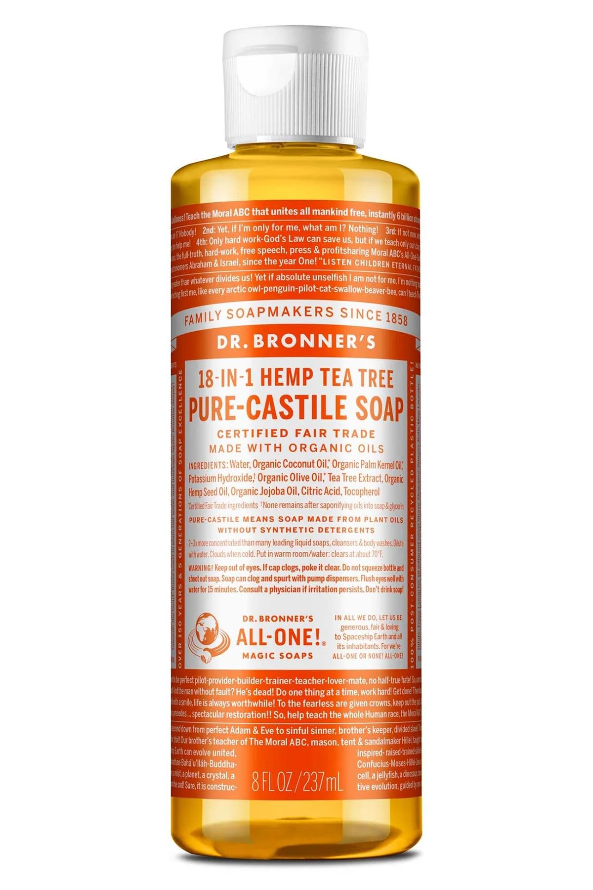 Dr. Bronner's Castile Liquid Soap Tea Tree bottle being poured for versatile cleaning