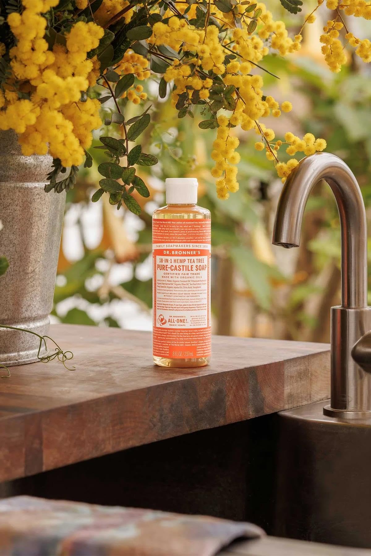 Dr. Bronner's Castile Soap Tea Tree label close-up highlighting organic ingredients