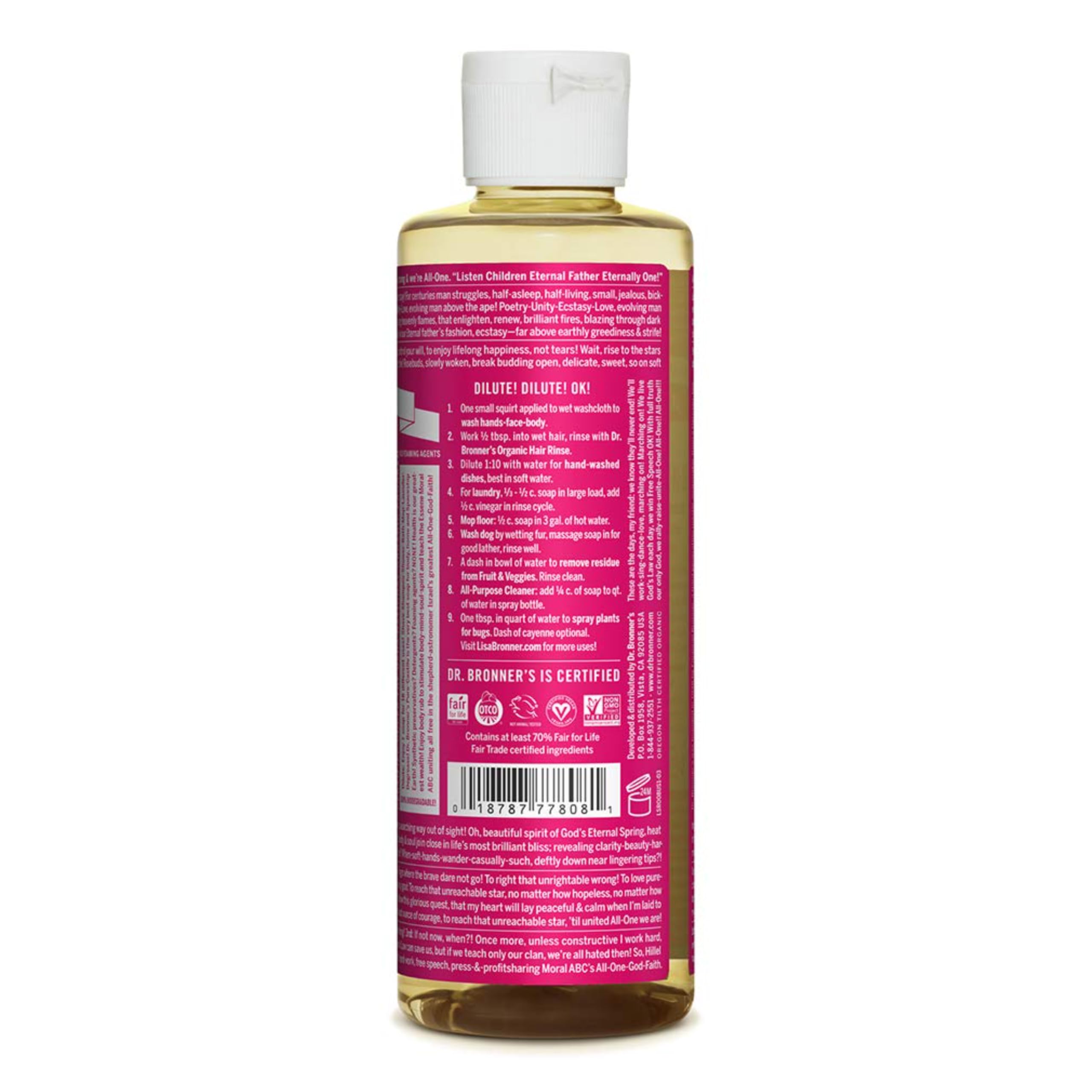 Concentrated formula of Dr. Bronner's Rose Castile soap ready for dilution