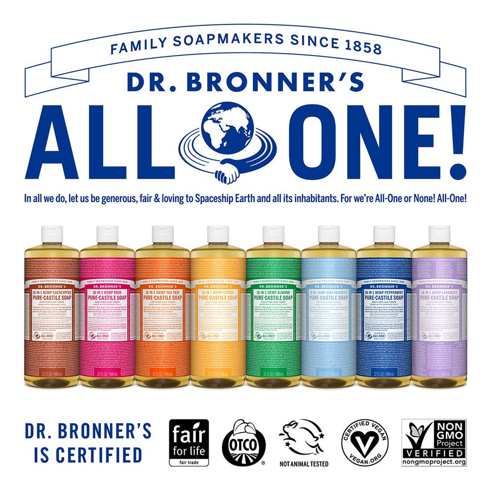 Dr. Bronner's Eco packaging close-up showcasing 100% post-consumer recycled bottle.