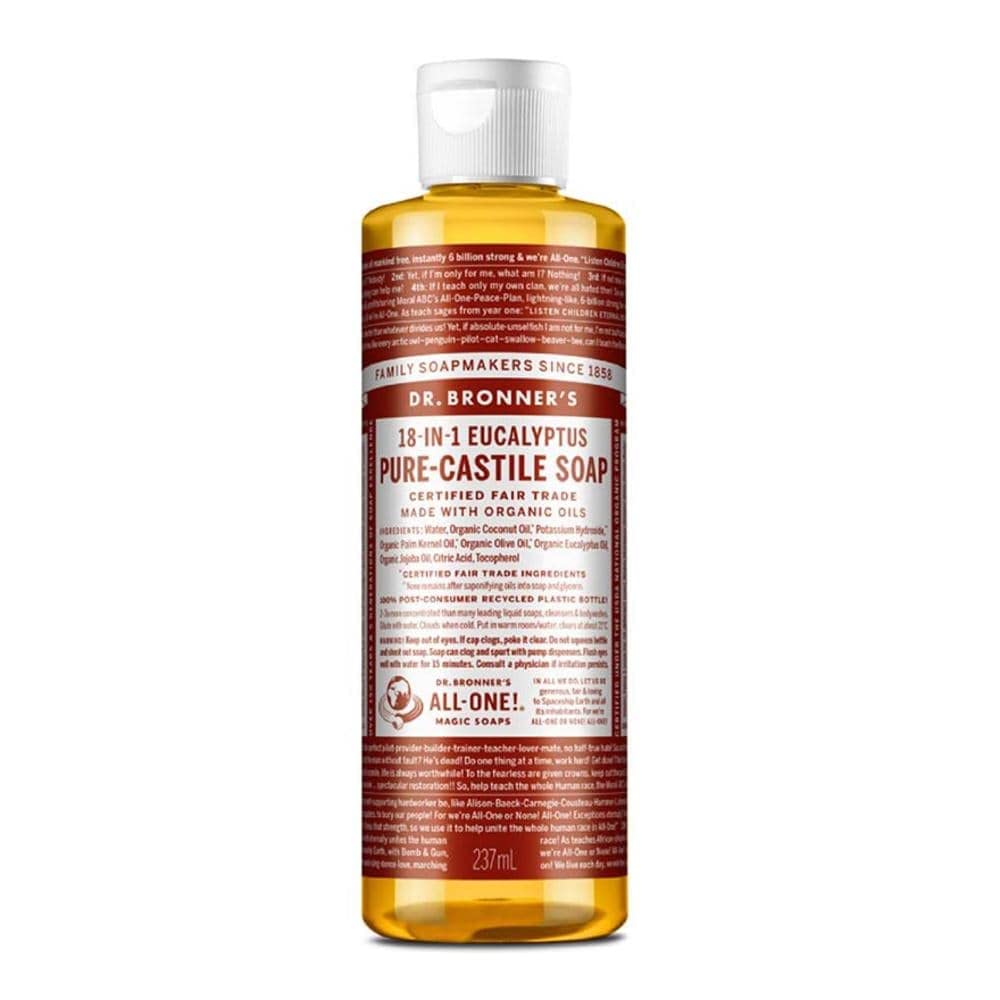 Dr. Bronner's Eucalyptus Pure-Castile bottle pour for versatile cleaning and skin care.