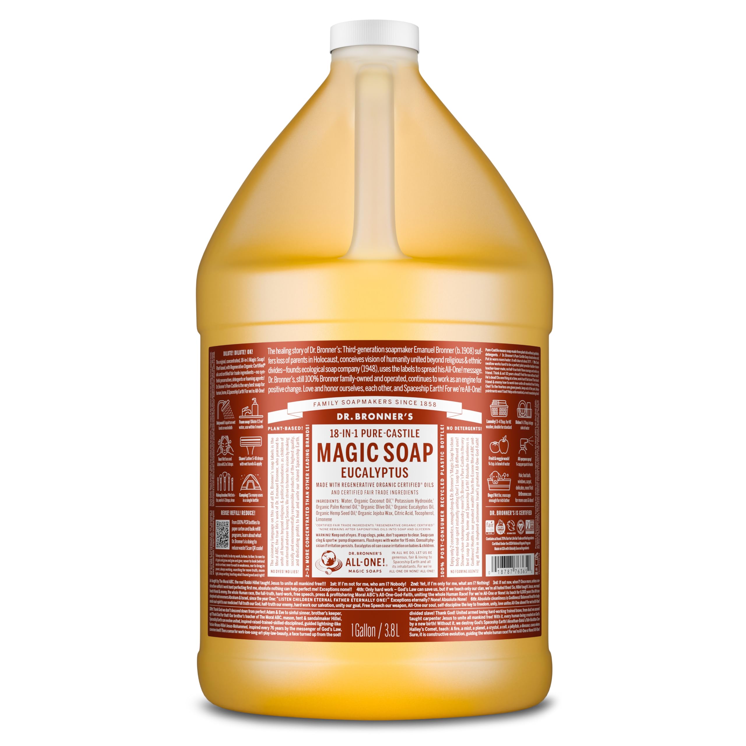 Dr. Bronner's eucalyptus pure-castile soap bottle with lush lather for skin cleansing
