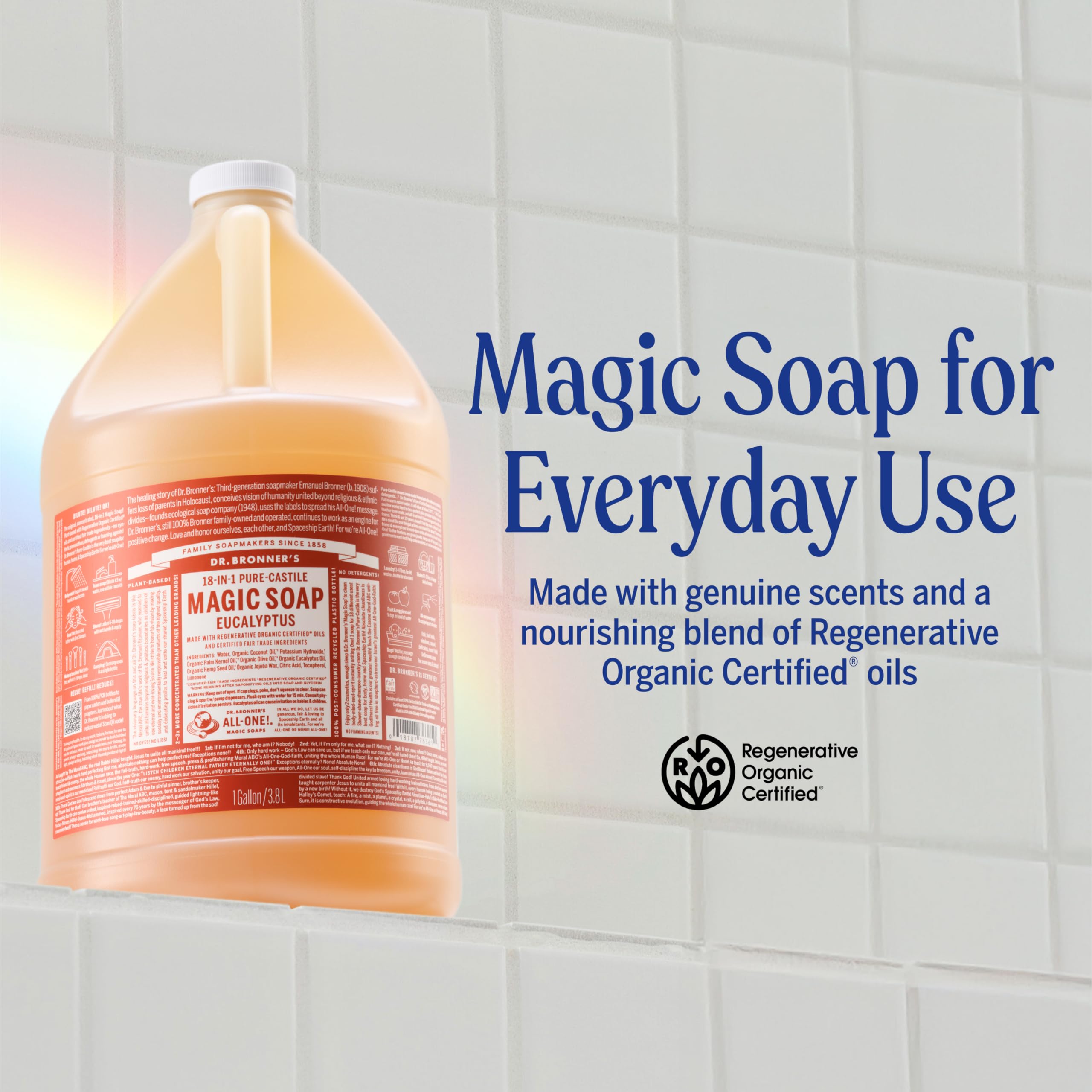 Dr. Bronner's eucalyptus pure-castile soap close-up showing concentrated foam for multi-use cleaning