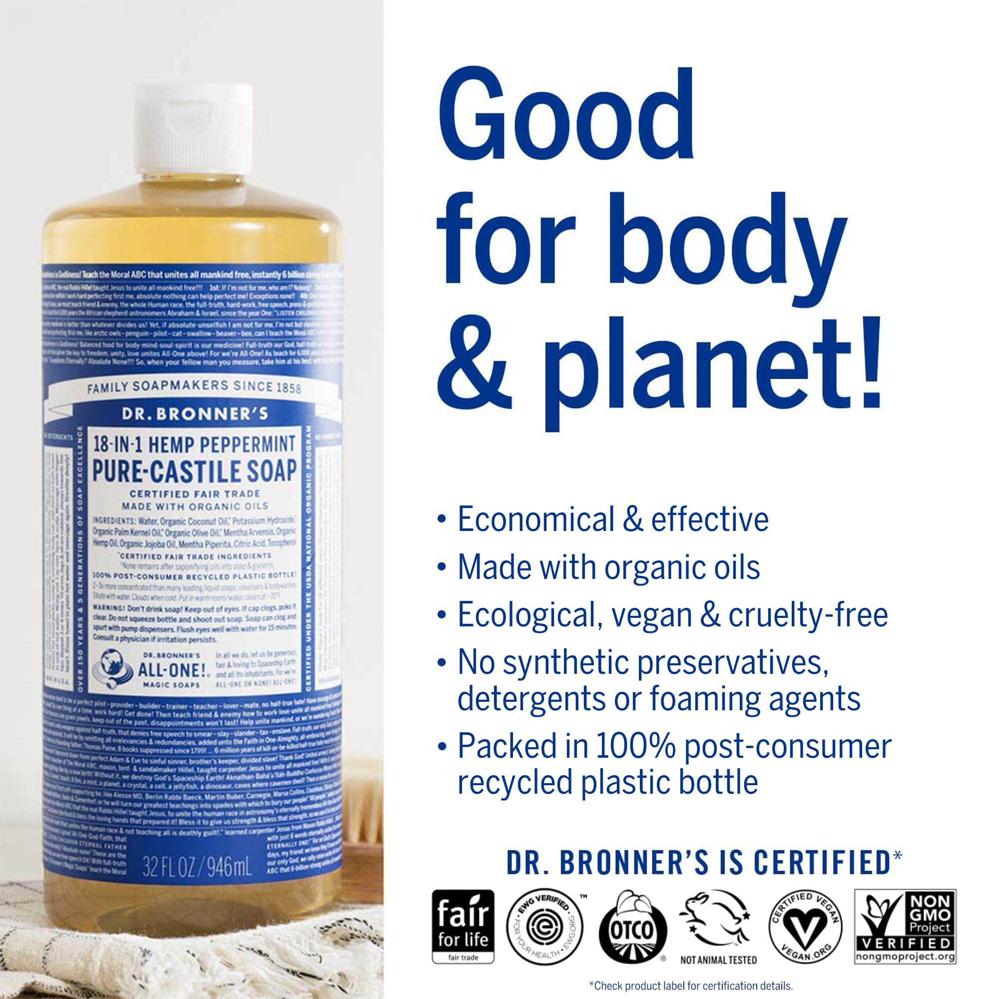 Dr. Bronner's hemp peppermint label close-up shows organic certification