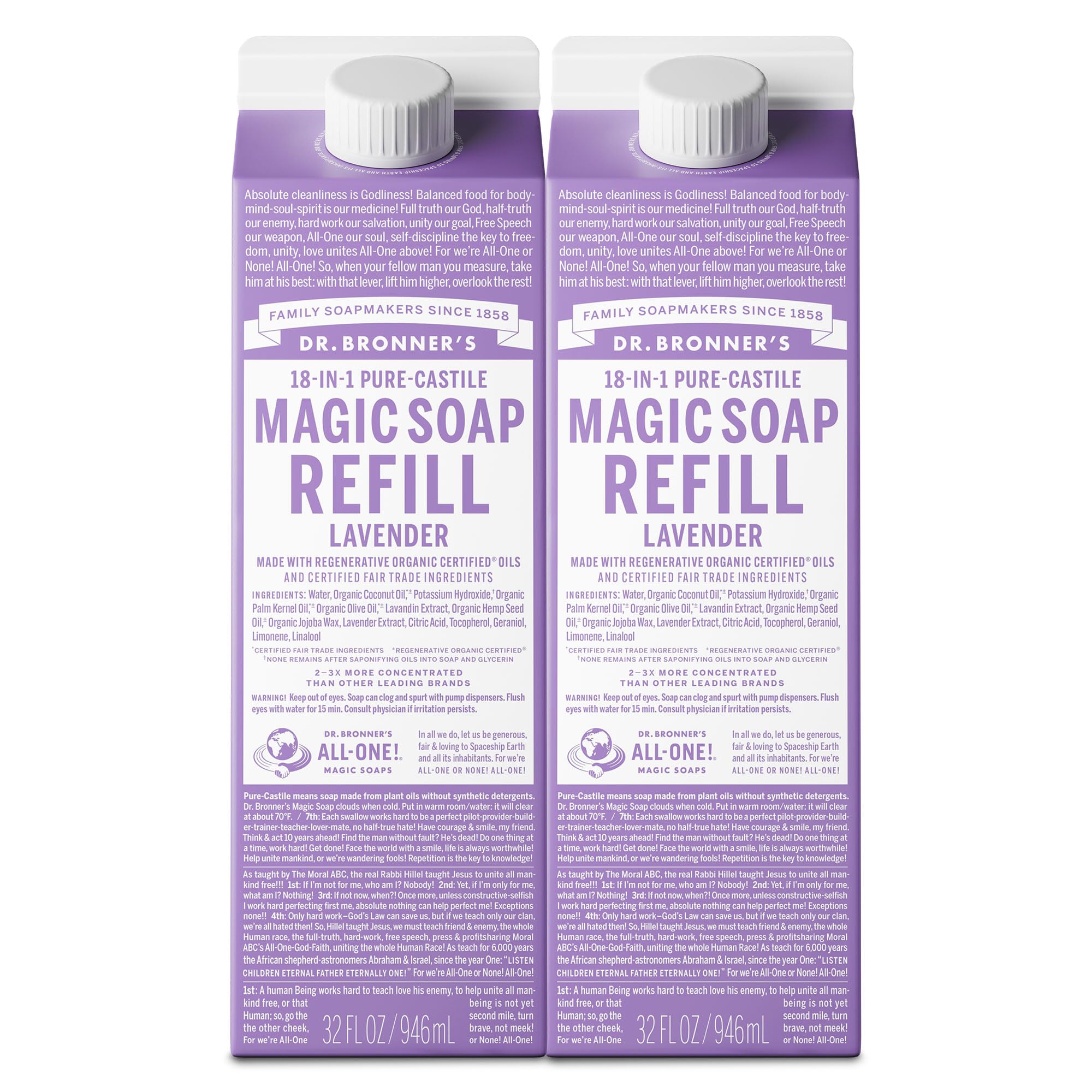 Dr. Bronner's Lavender Castile refill bottle pour shows versatile soap for body and dishes