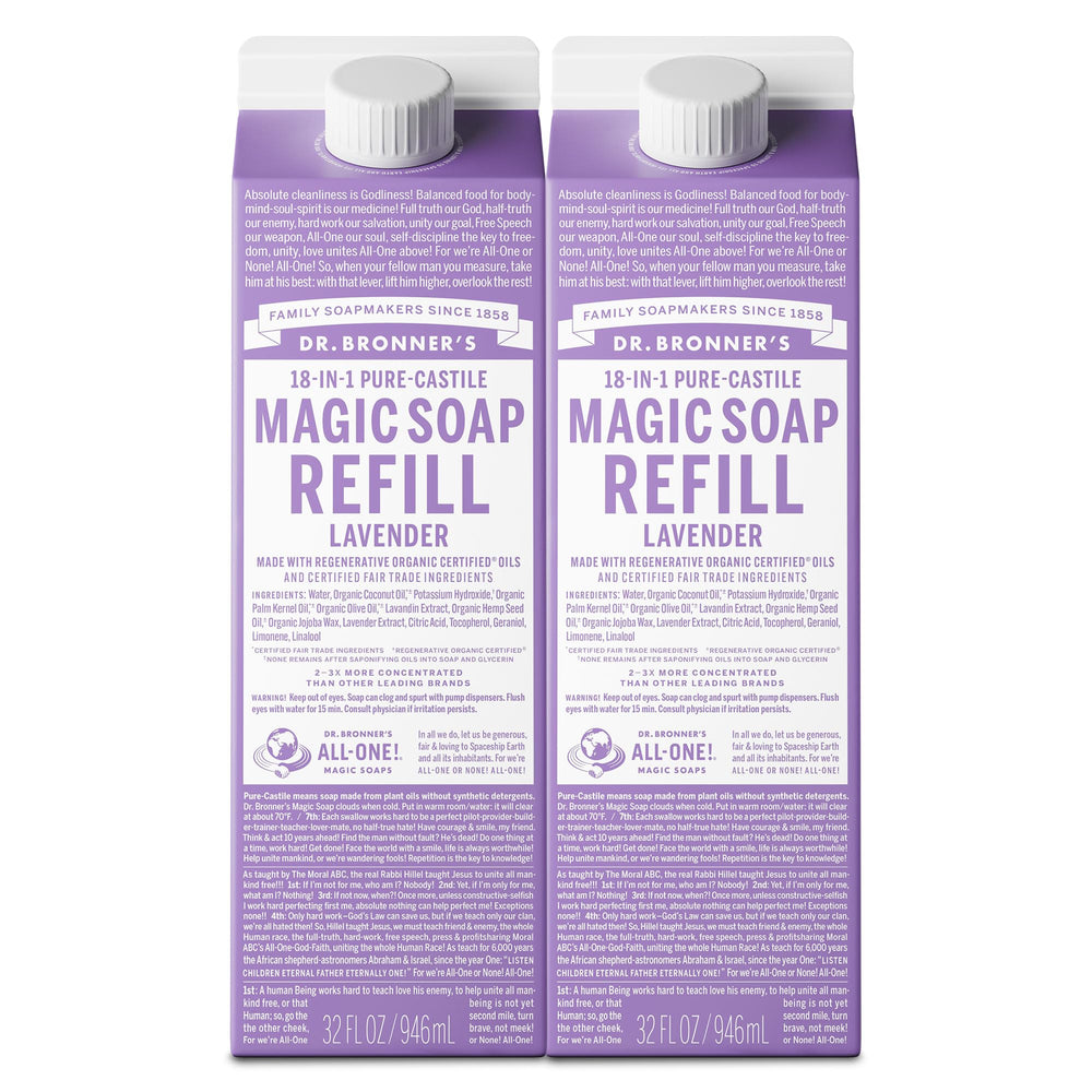 Dr. Bronner's Lavender Castile refill bottle pour shows versatile soap for body and dishes